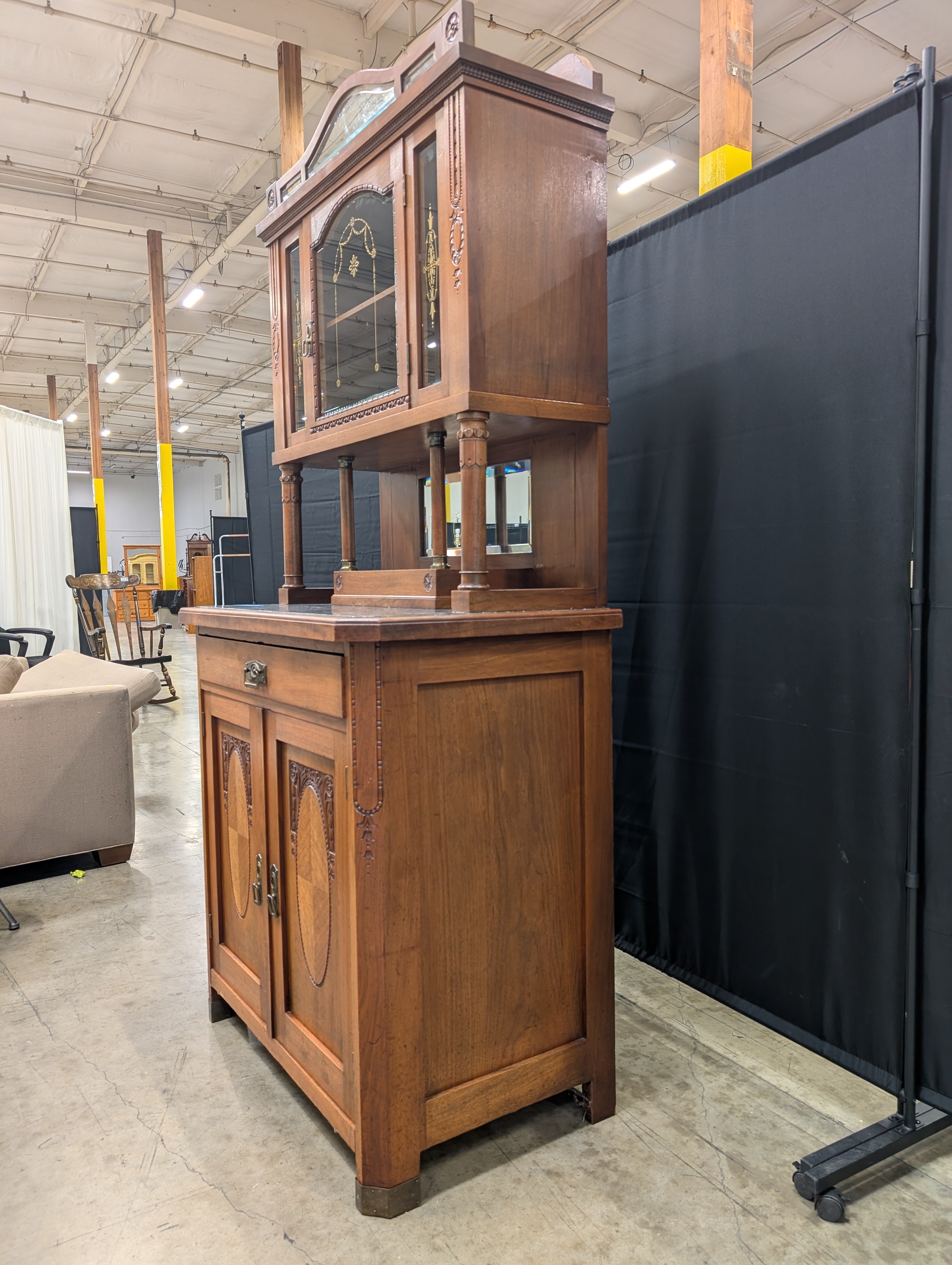 Vintage Carved Hardwood Display Cabinet with Marble Top