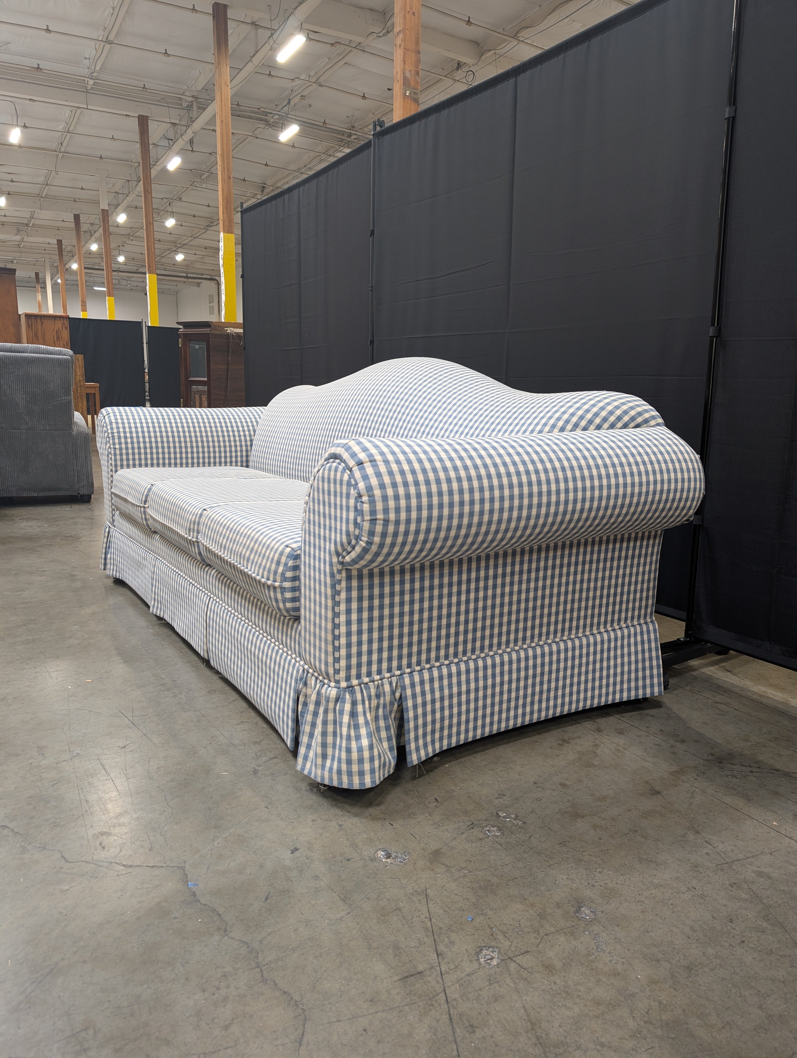 Blue Gingham Bassett Furniture Three-Seater Sofa with Rolled Arms Used
