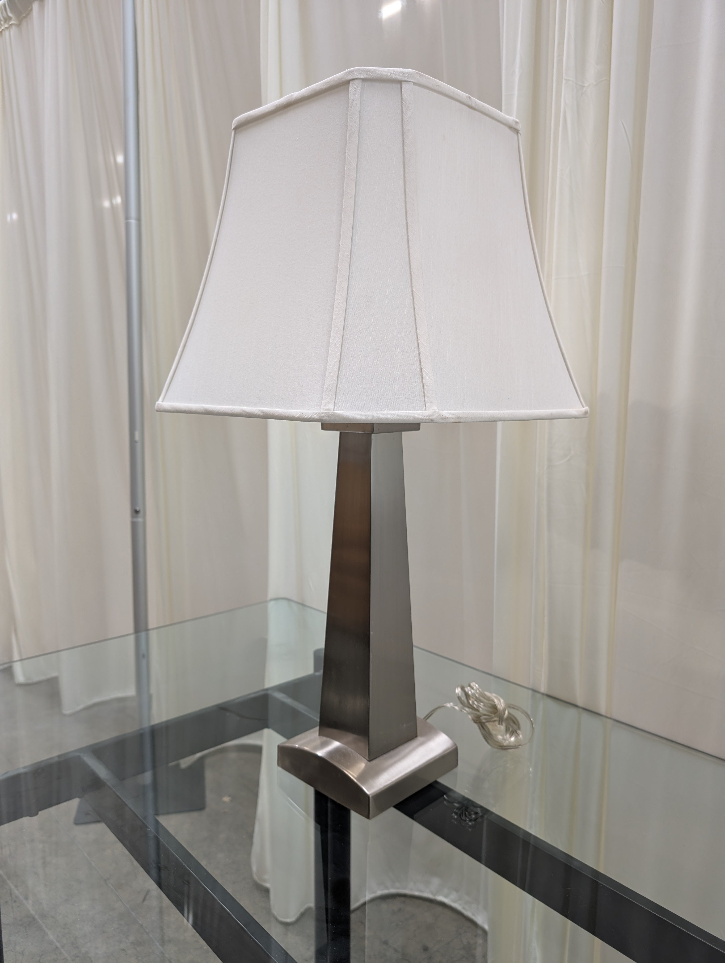 Brushed Nickel Finish Table Lamp with White Fabric Shade