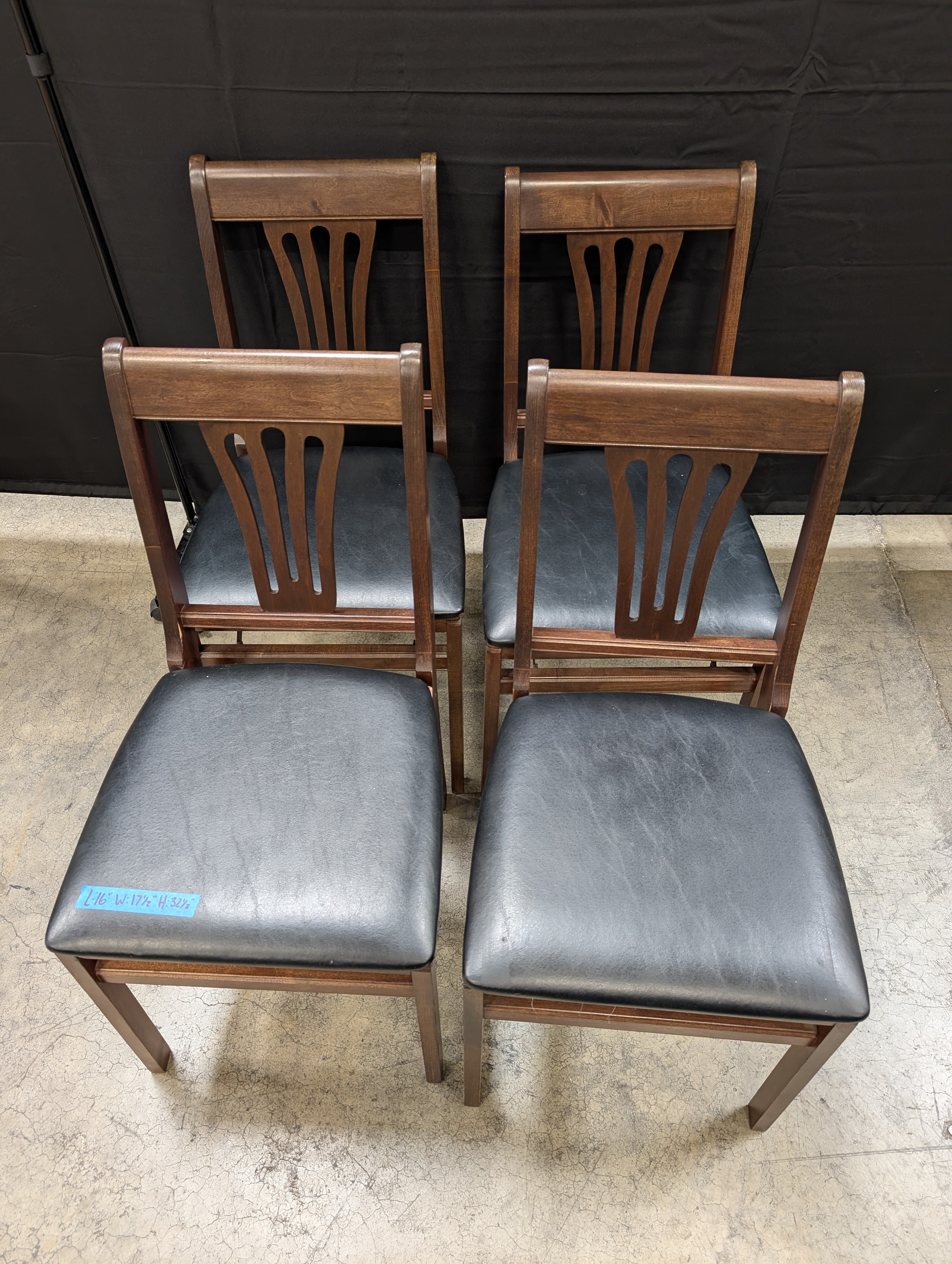 Set of Four Dark Brown Wood Folding Dining Chair with Black Seat