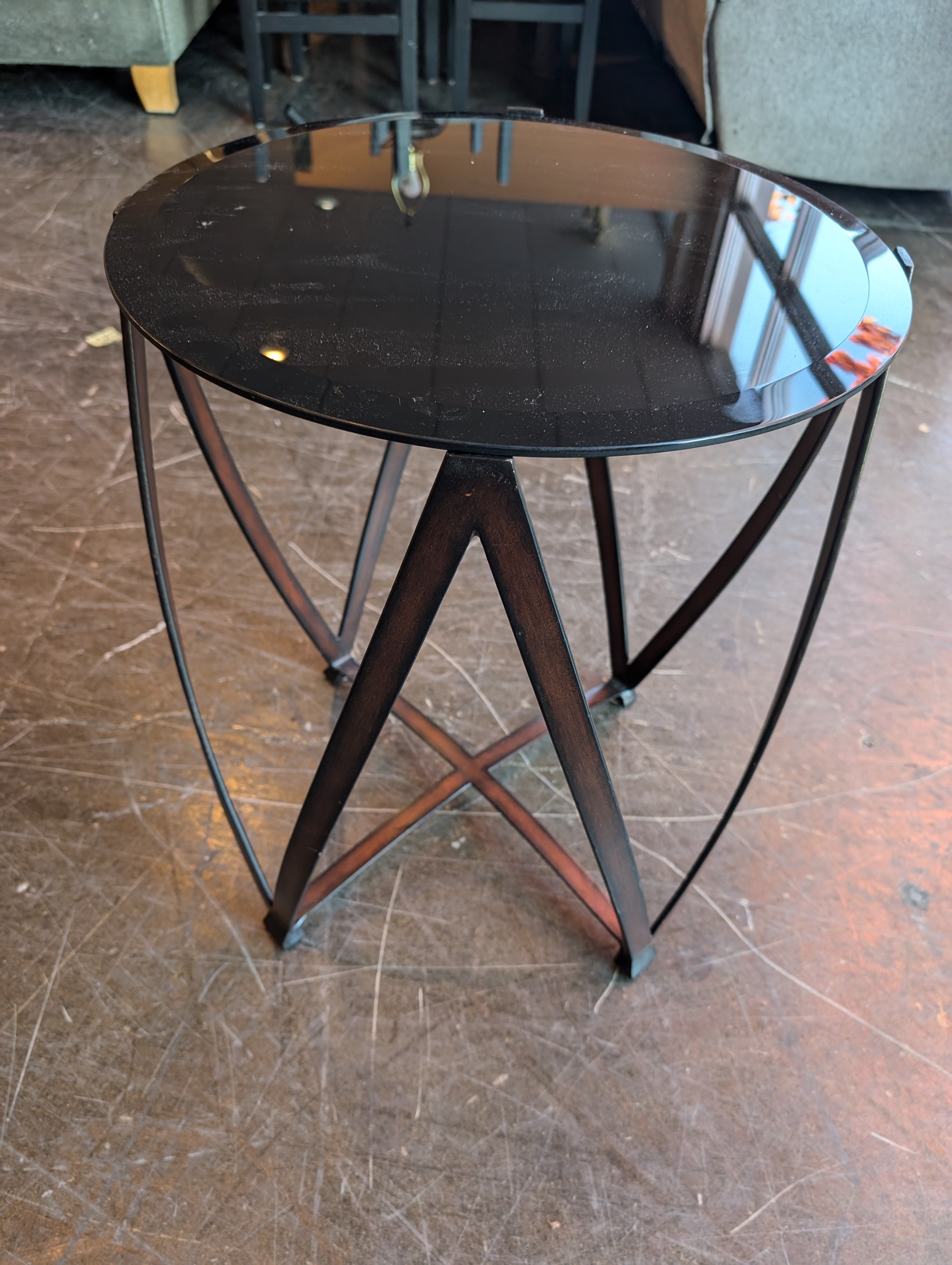 Modern Round Glass Top Side Table with Geometric Dark Wood Base