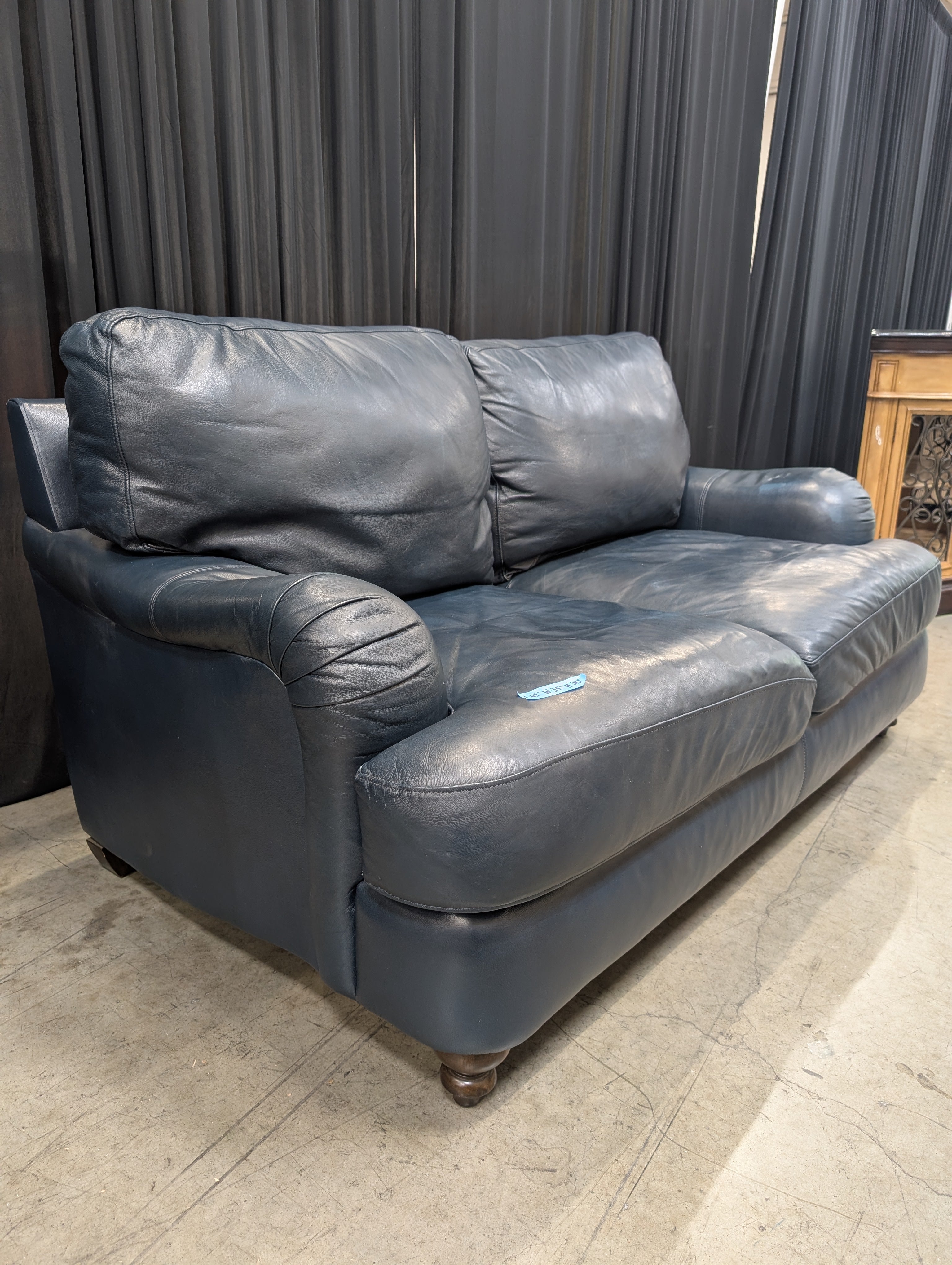 Plush Two-Seat Loveseat in Dark Blue Leather