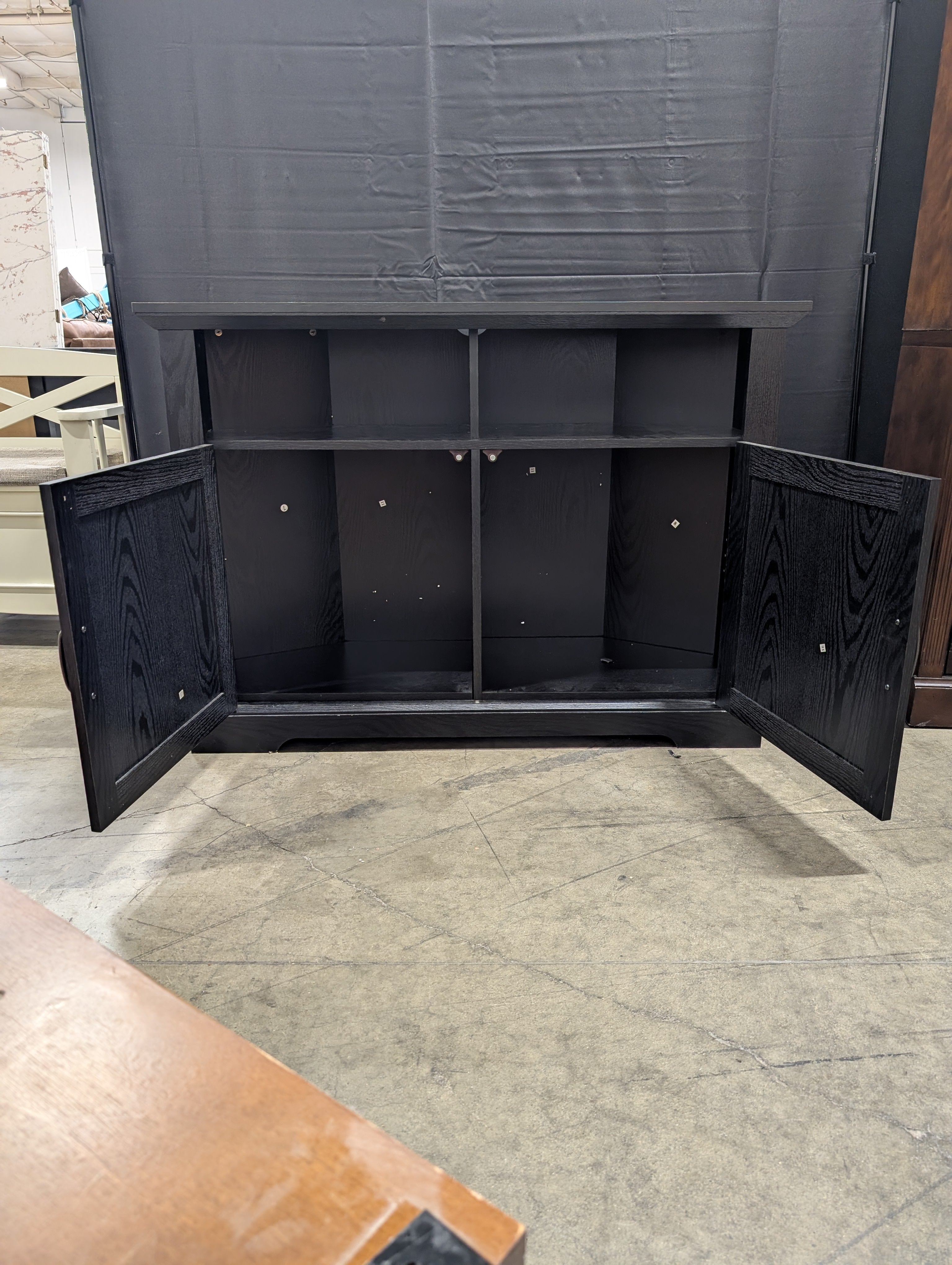 Black Corner Media Console with X-Panel Cabinet Doors
