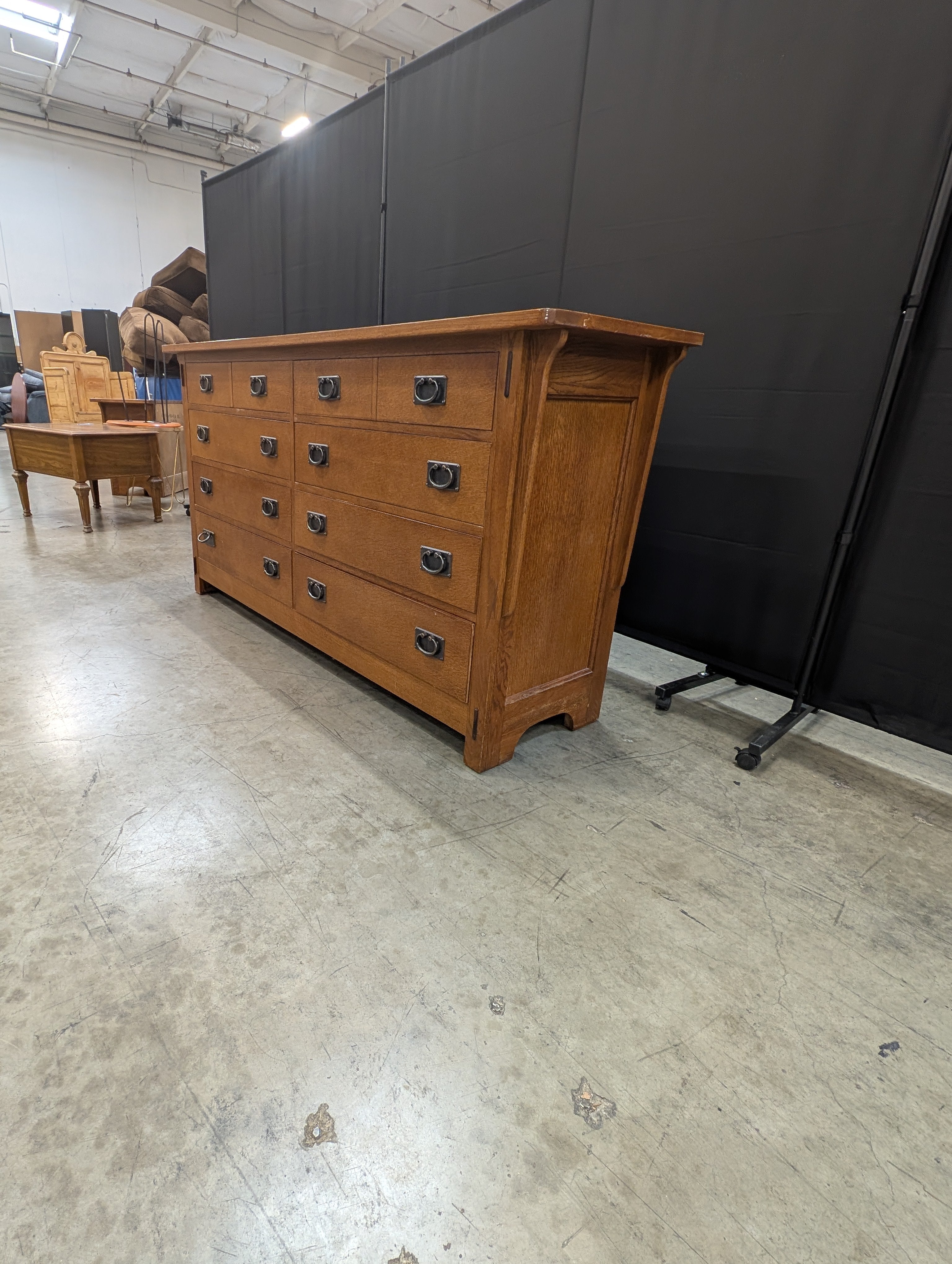 Mission Style Oak Finish Ten-Drawer Dresser with Ring Pulls