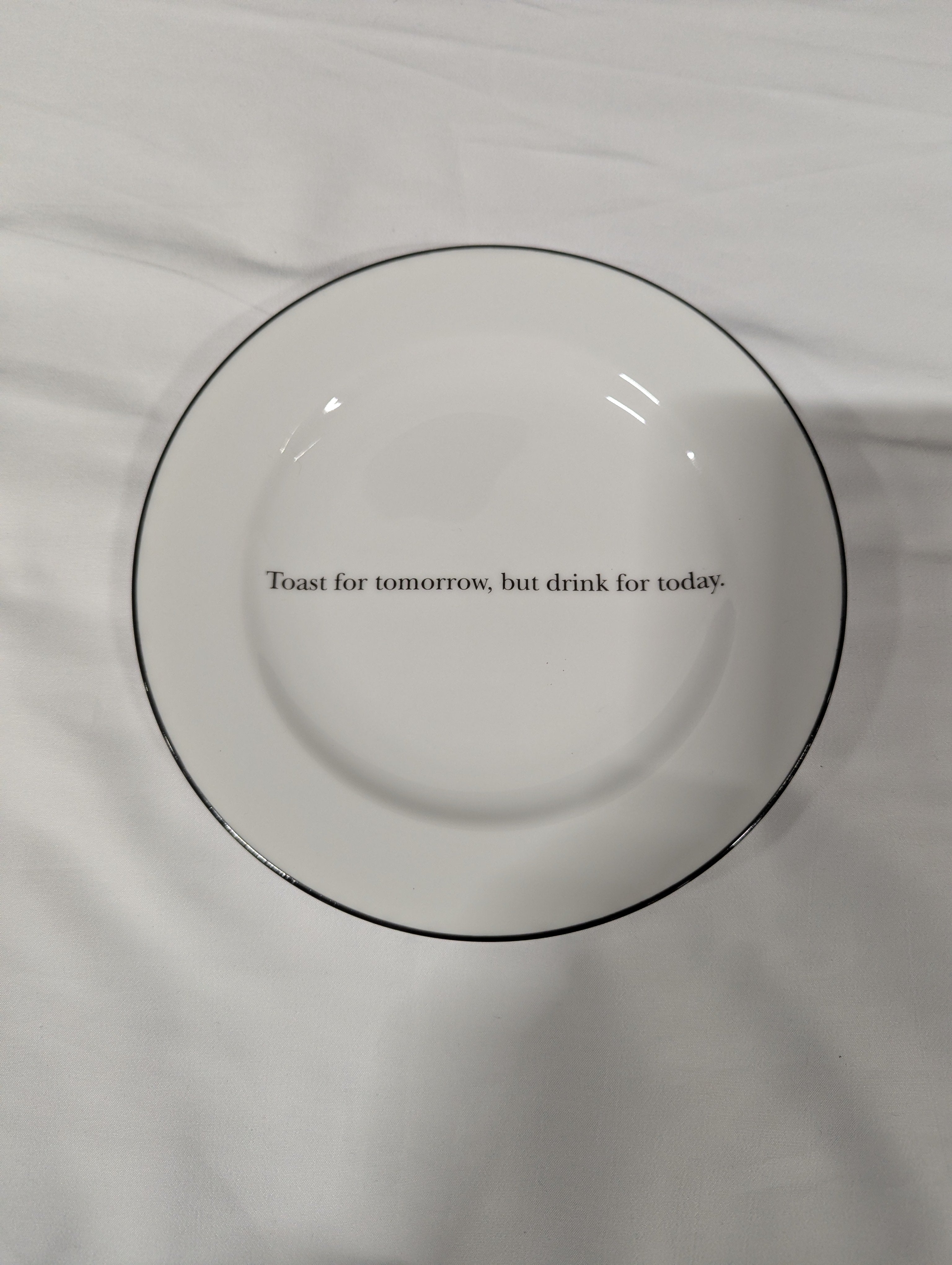 Whimsical White Ceramic Plate with Cocktail Quote Black Rim