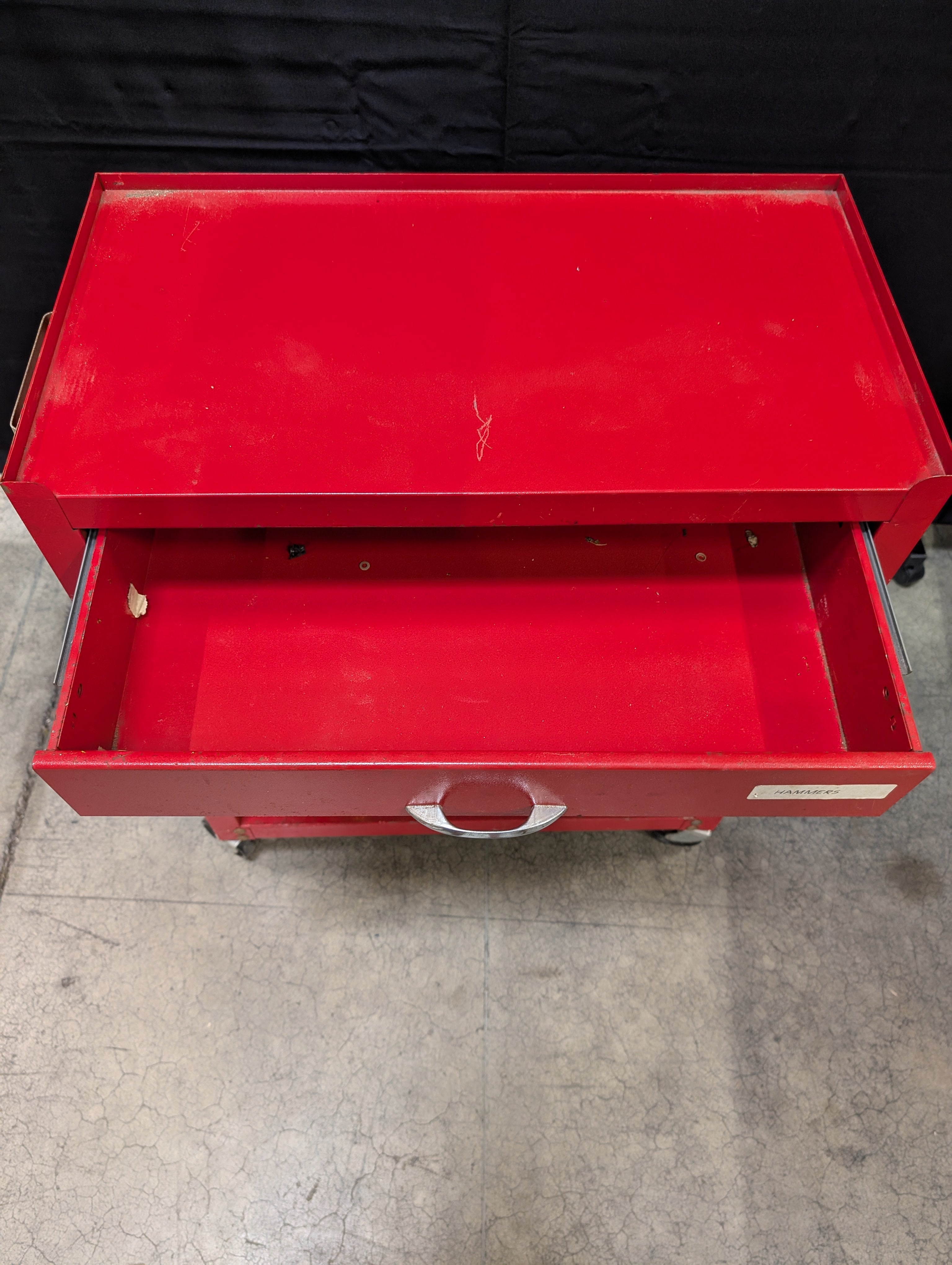Compact Red Metal Rolling Tool Cart with Two Drawers