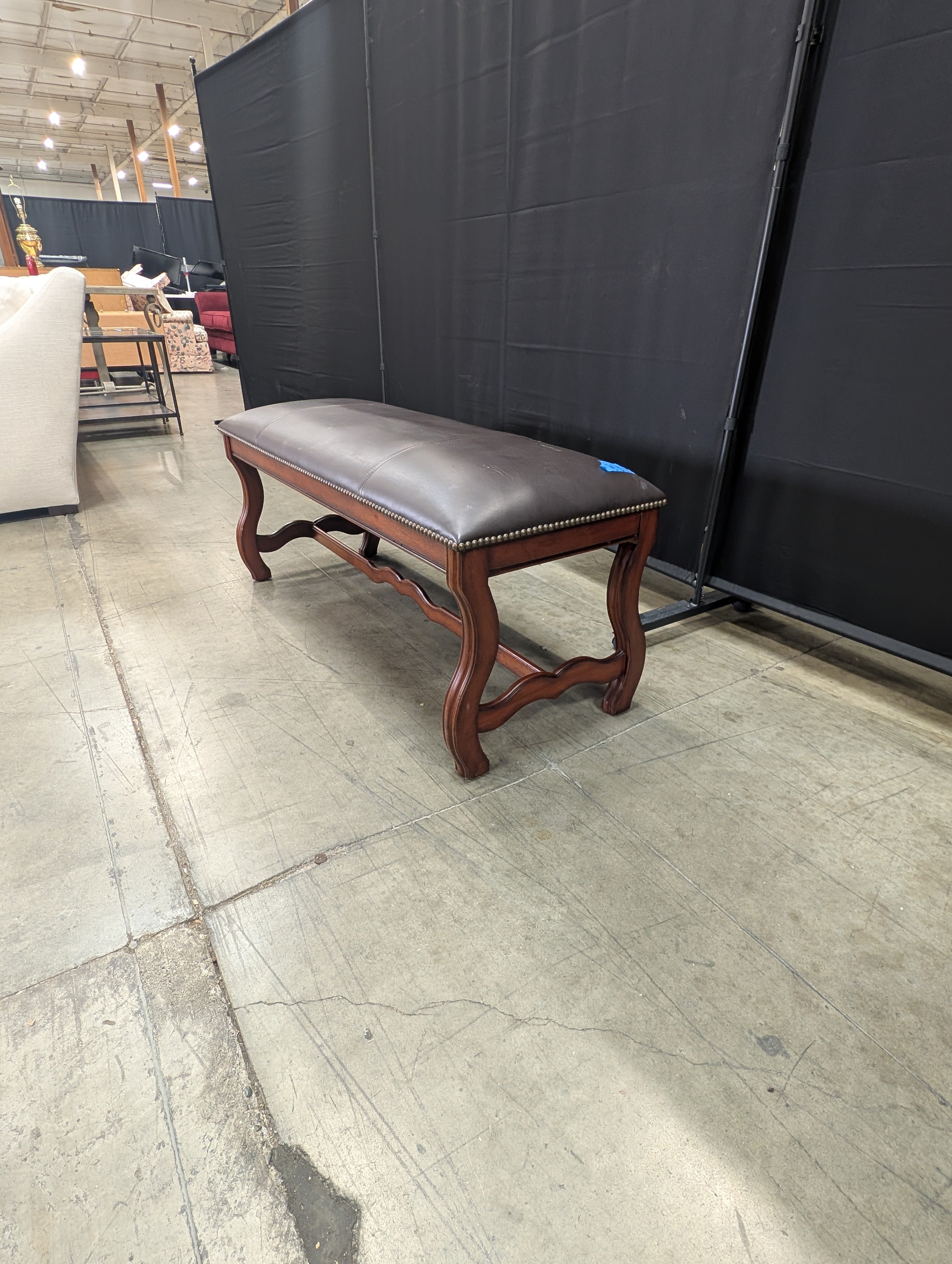 Dark Brown Upholstered Wood Bench with Nailhead Trim