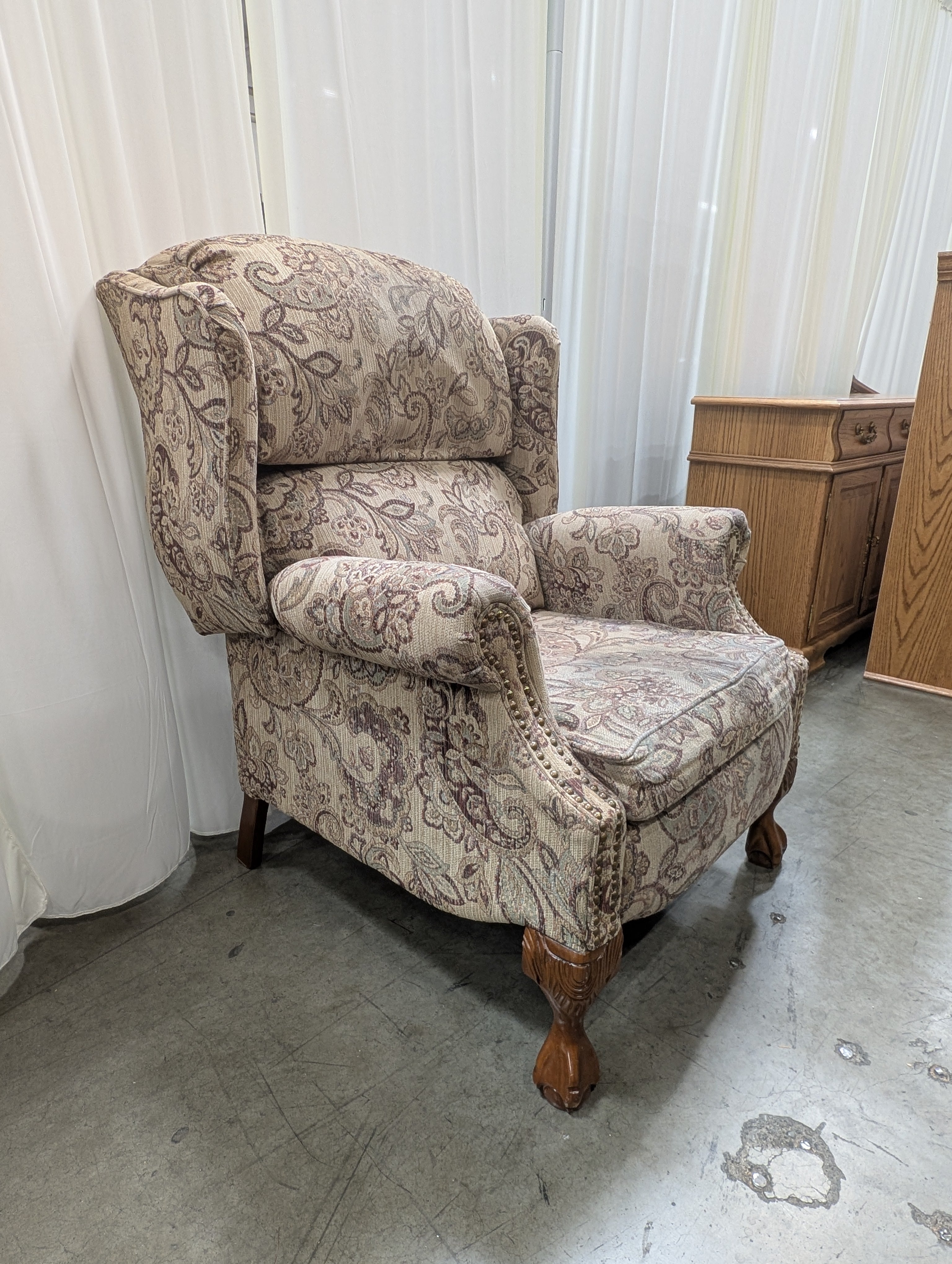 Paisley Fabric Wingback Recliner with Nailhead Trim
