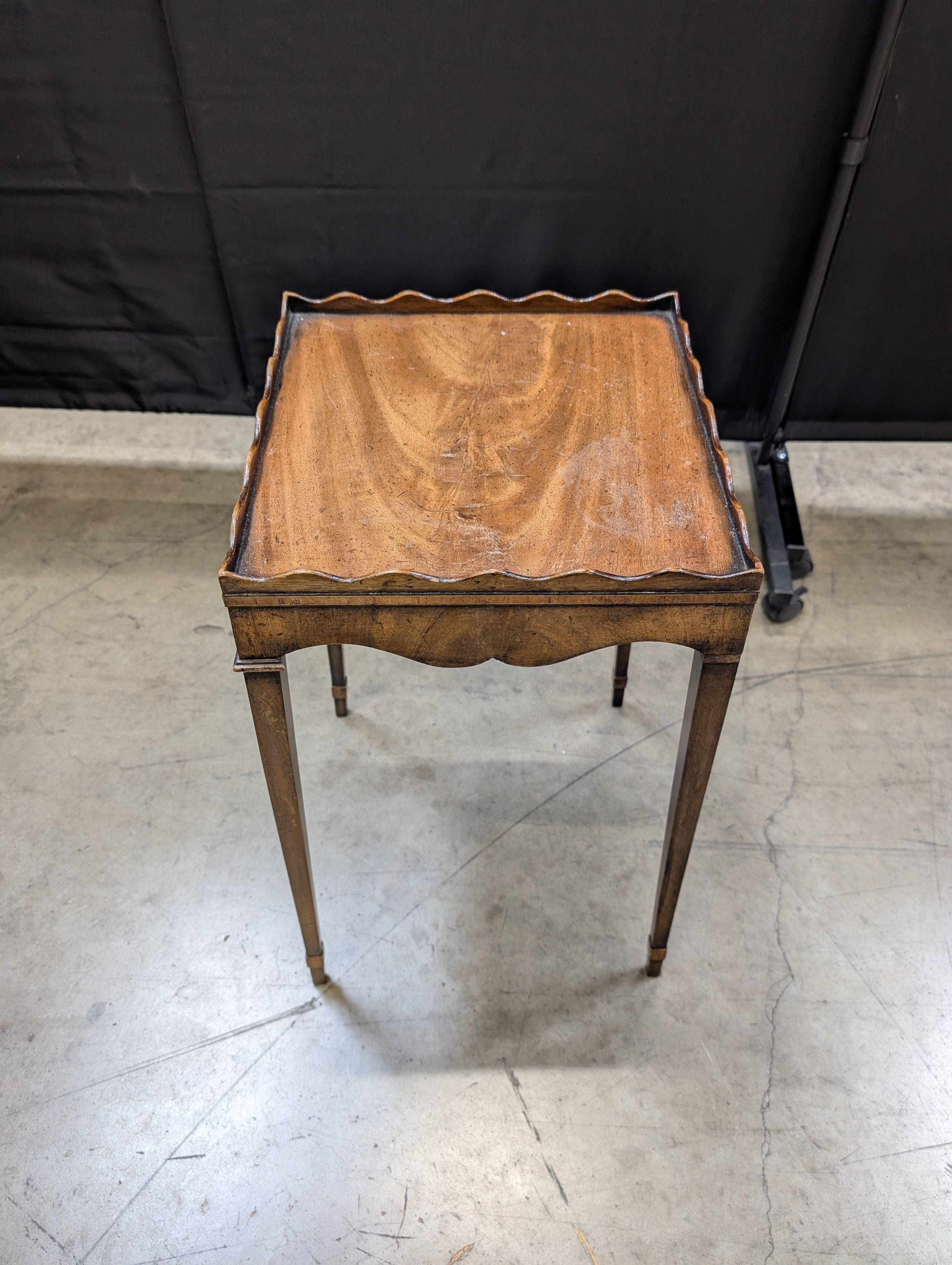 Vintage Brown Wood Side Table with Scalloped Tray Top