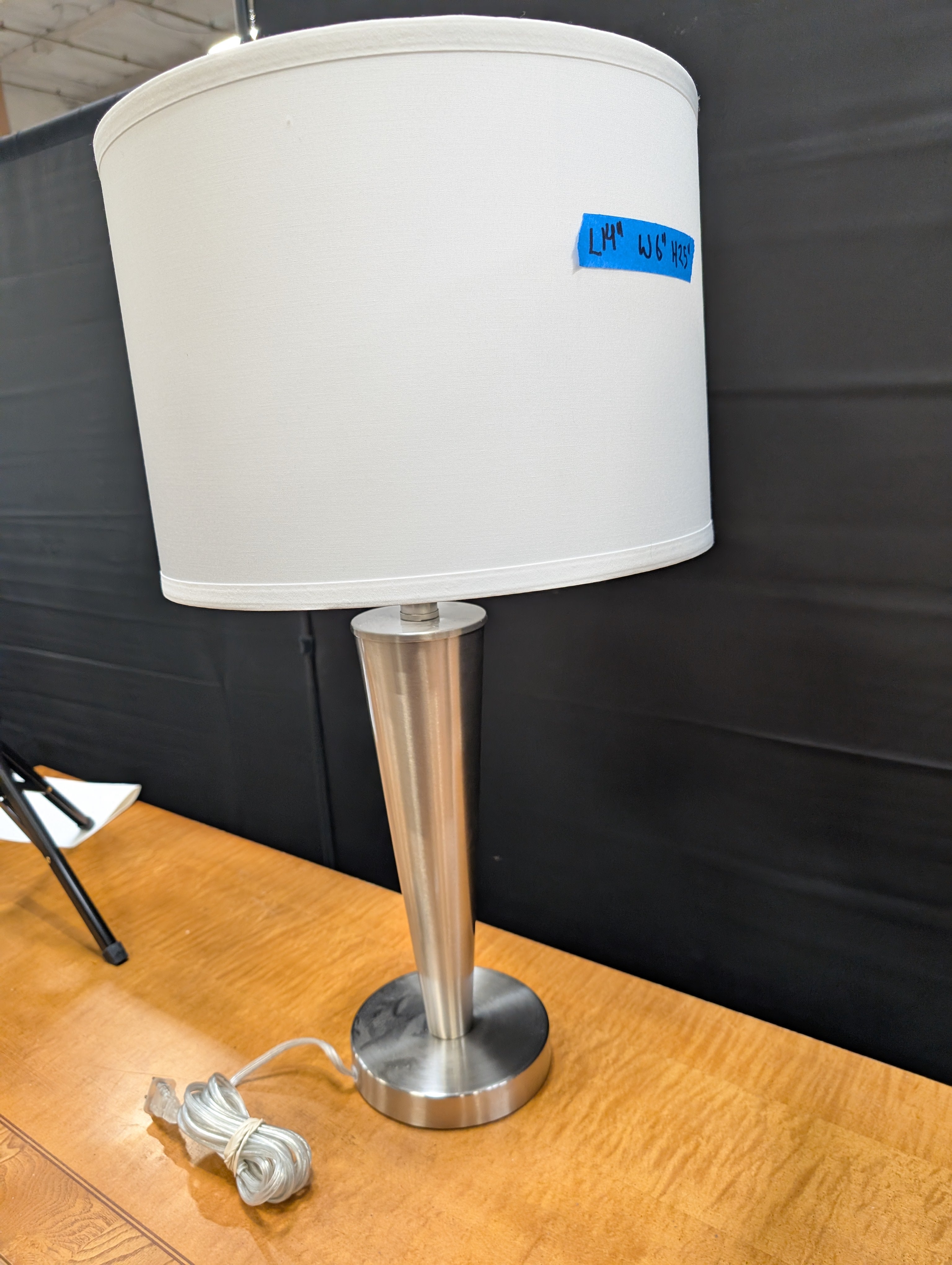 Modern Brushed Metal Table Lamp with White Drum Shade