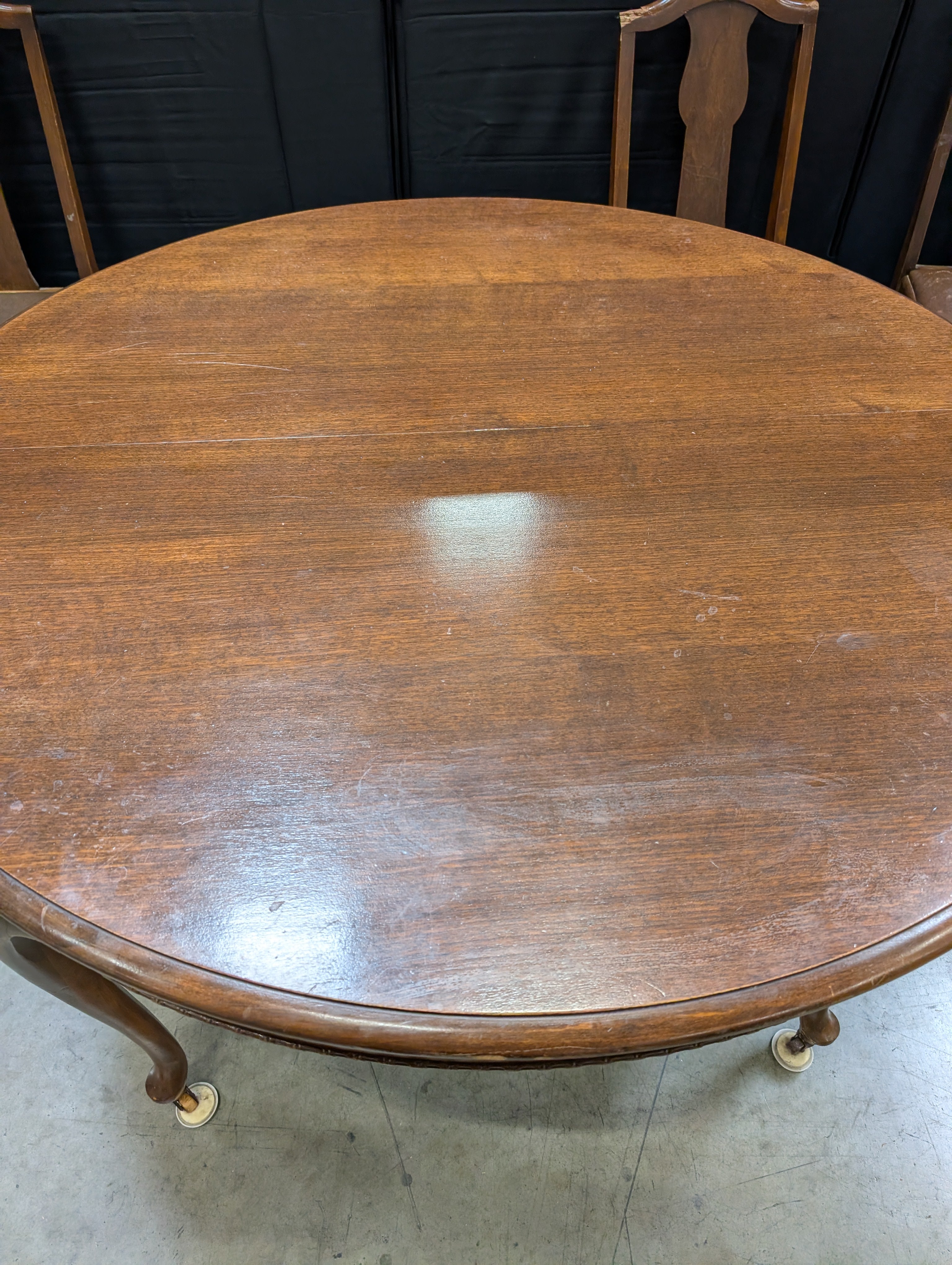 Antique Dark Wood Round Dining Table with six Dining Chairs