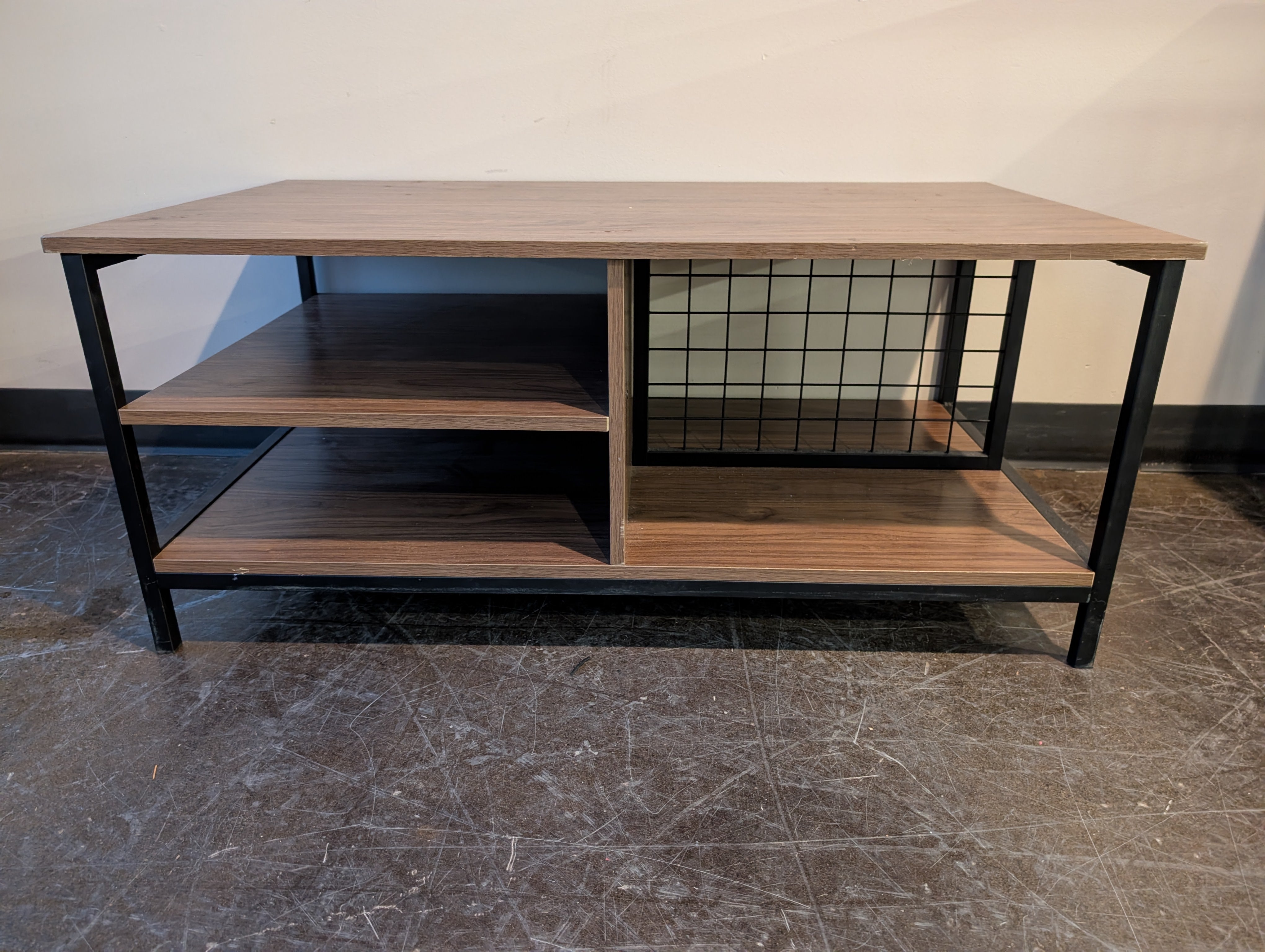 Modern Industrial Wood Grain Coffee Table with Storage Shelves