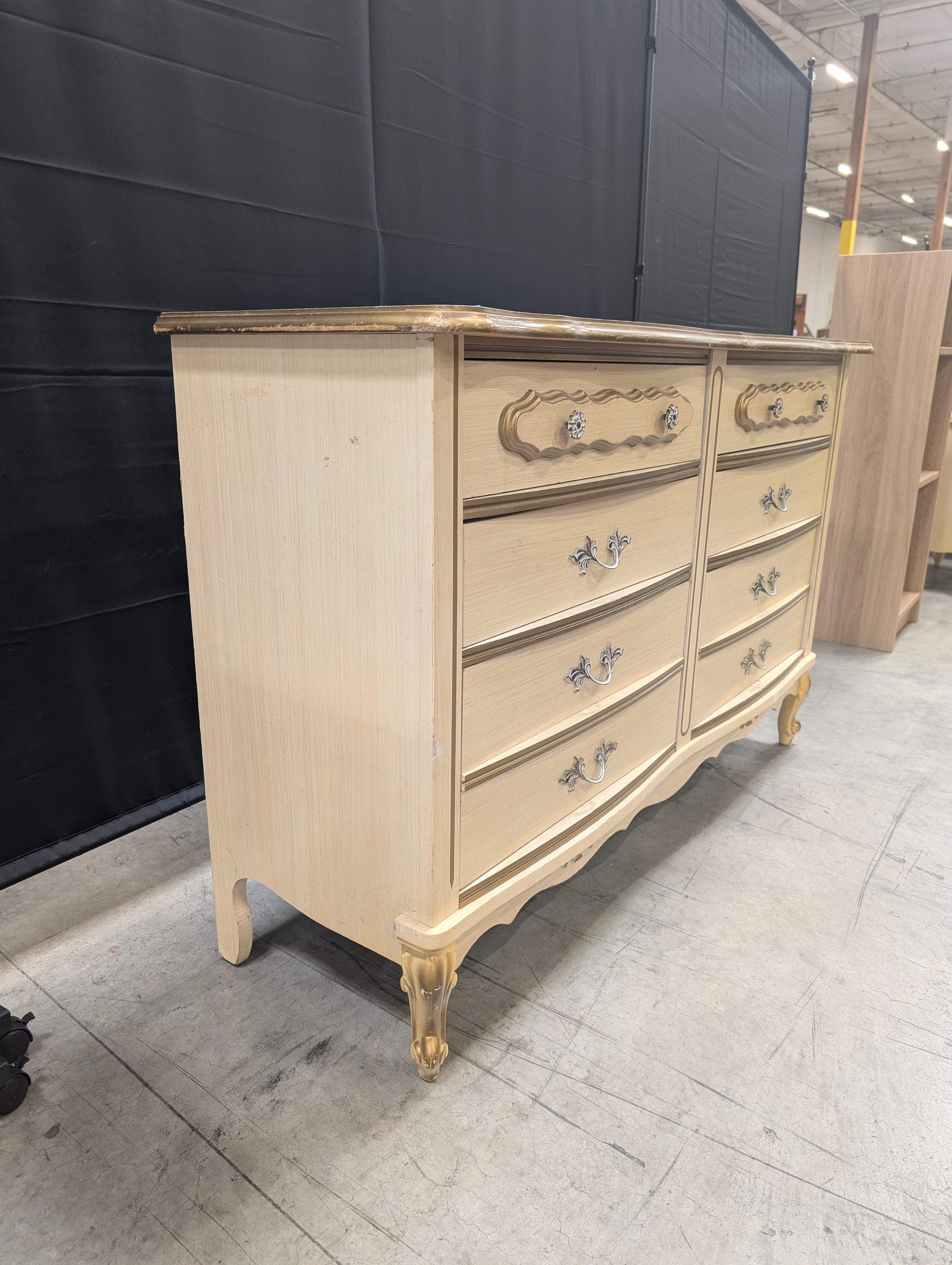 Vintage Cream French Provincial Style Dresser with Gold Accents