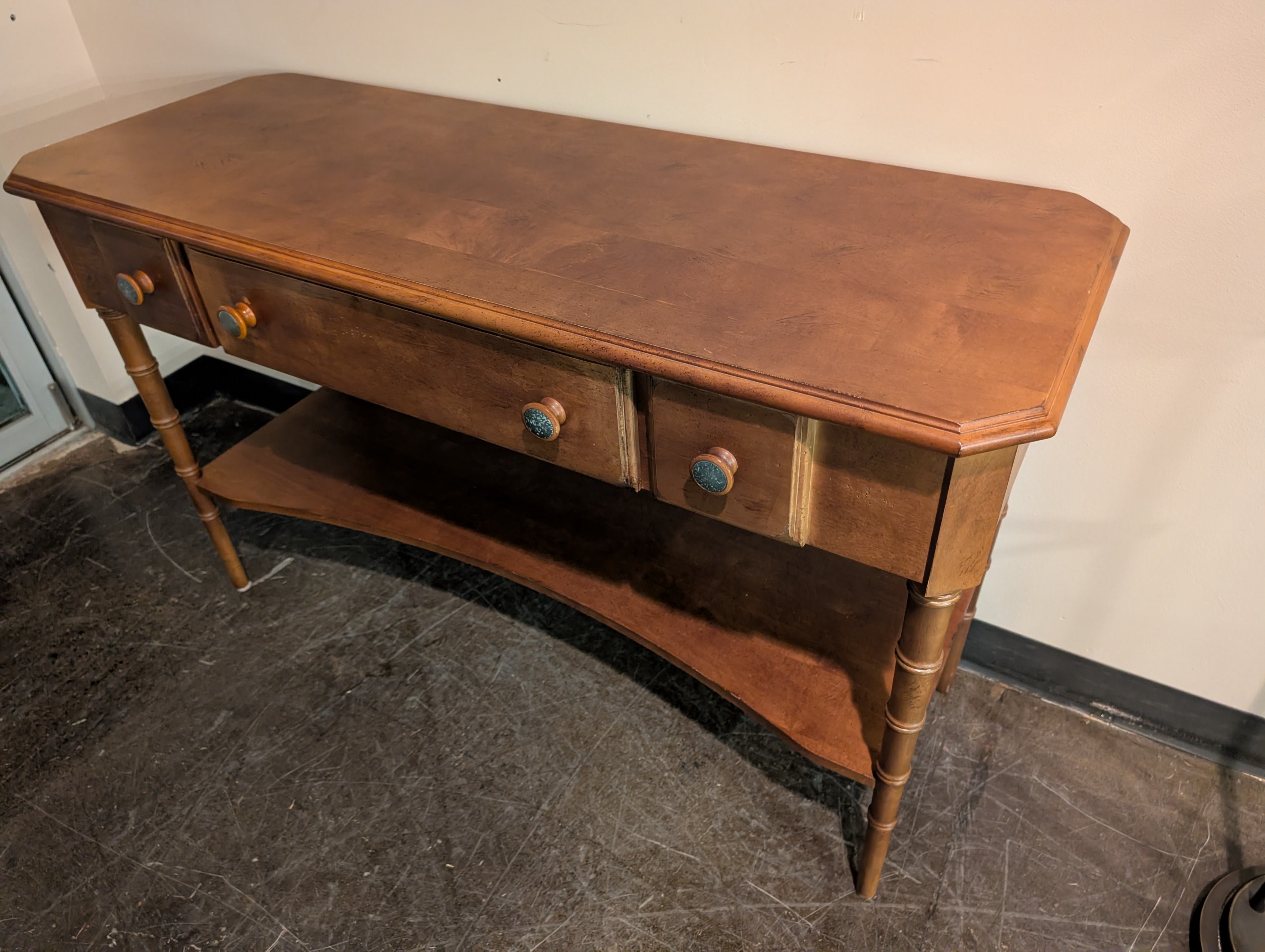 Warm Wood Console Table with Two Drawers and Lower Shelf