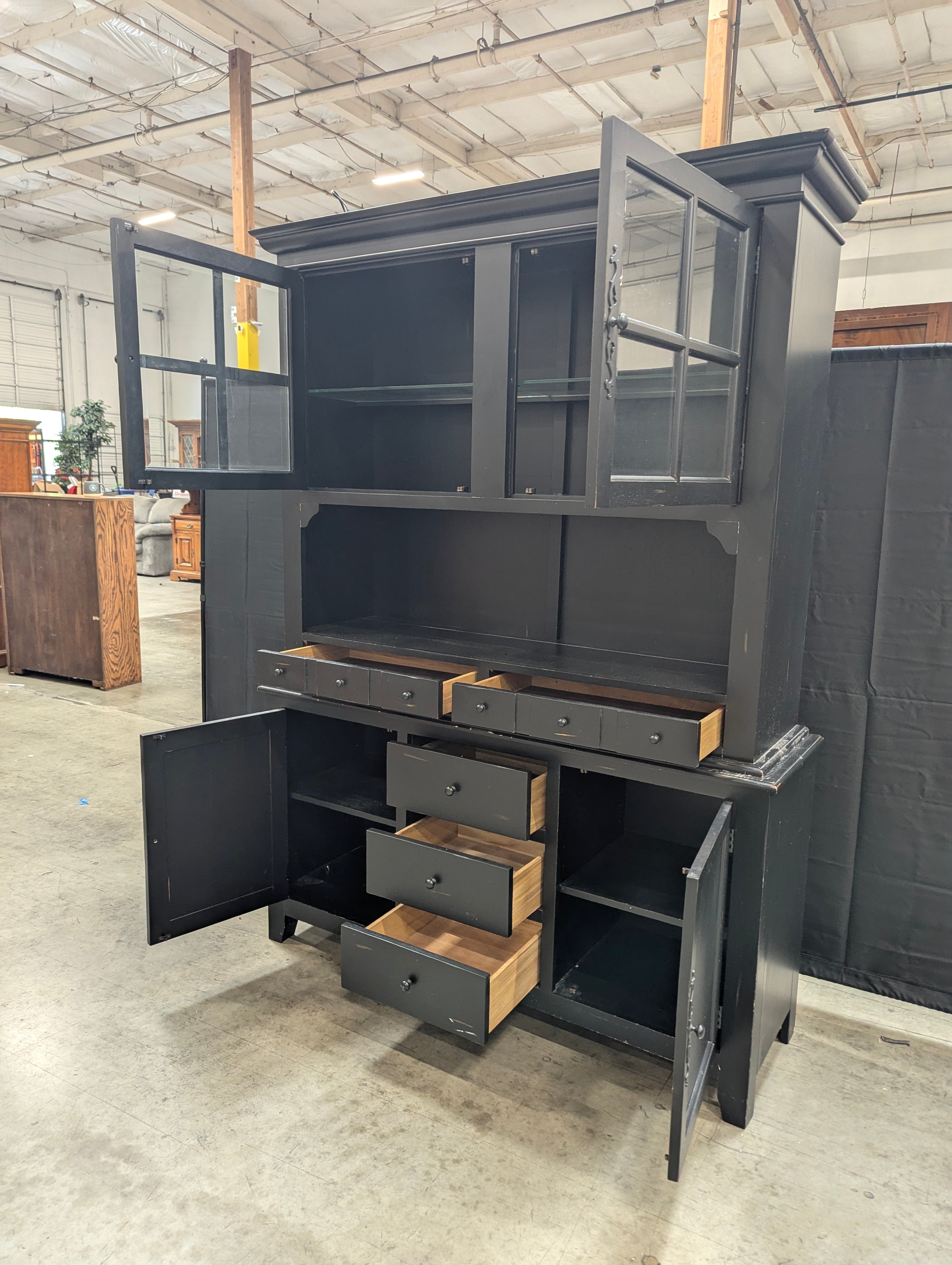 Large Black Farmhouse Display Hutch Cabinet