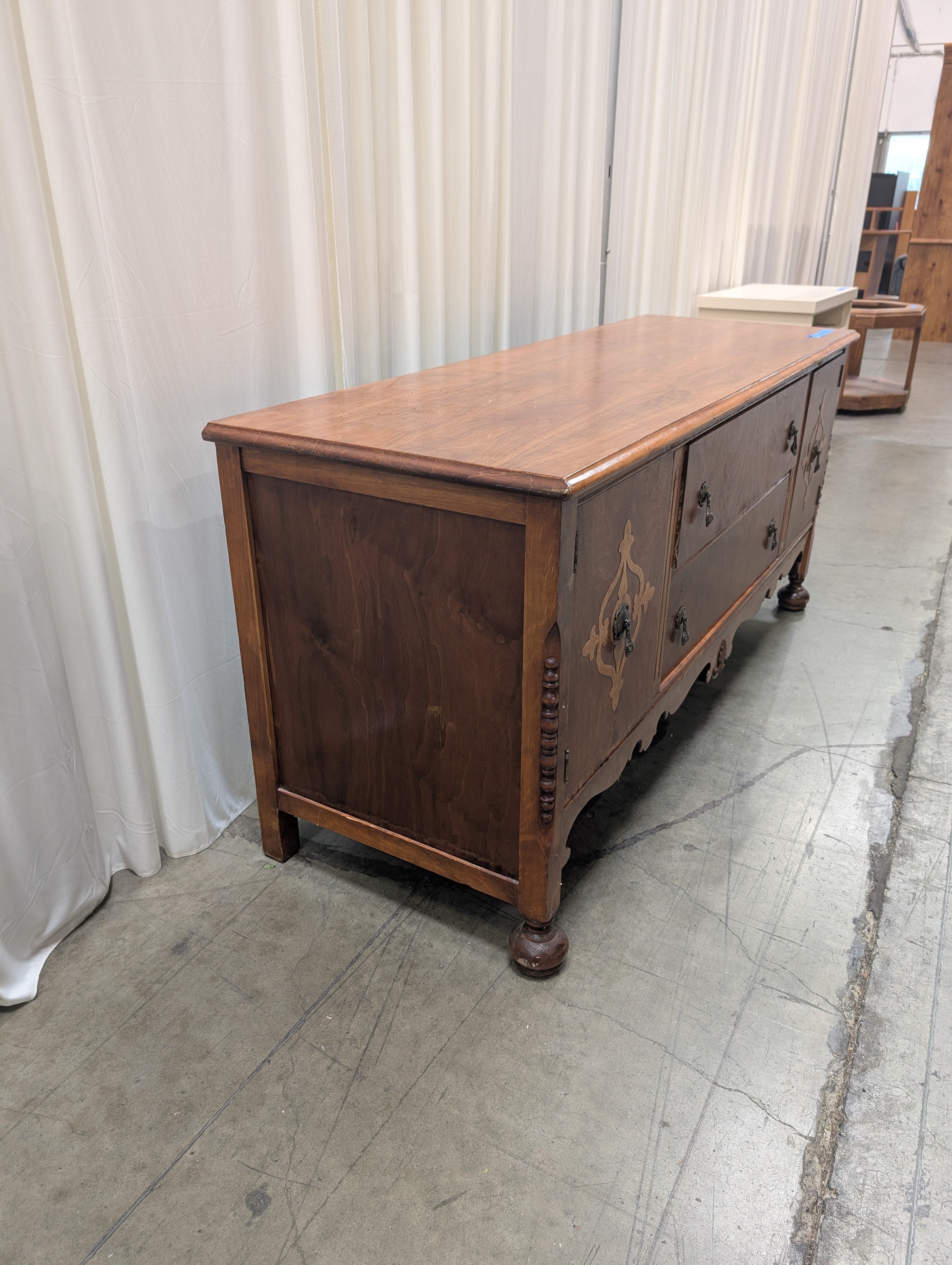 Vintage Ornate Burl Wood Buffet with Inlay