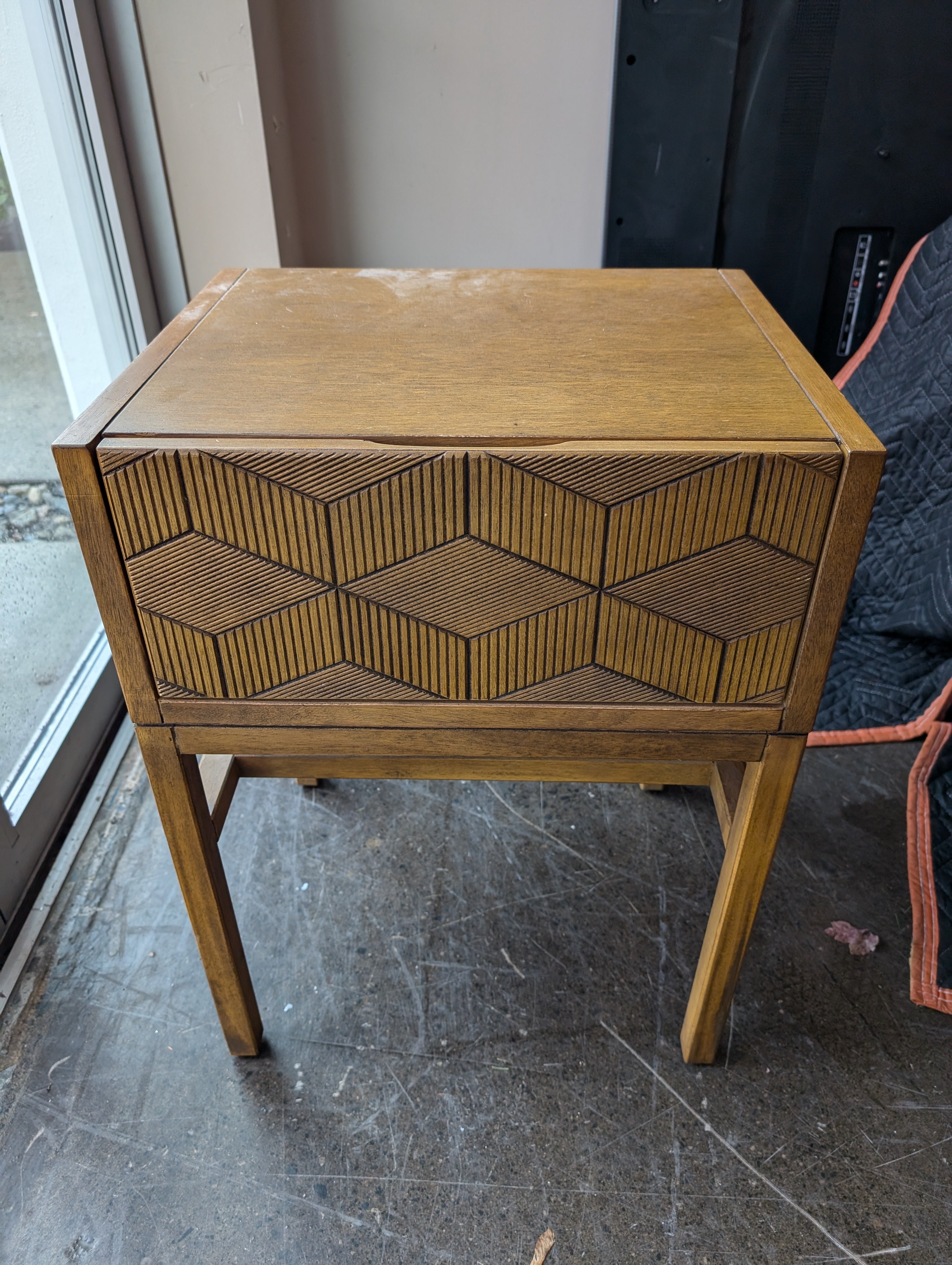 Vintage Wood Side Table with Geometric Drawer Front
