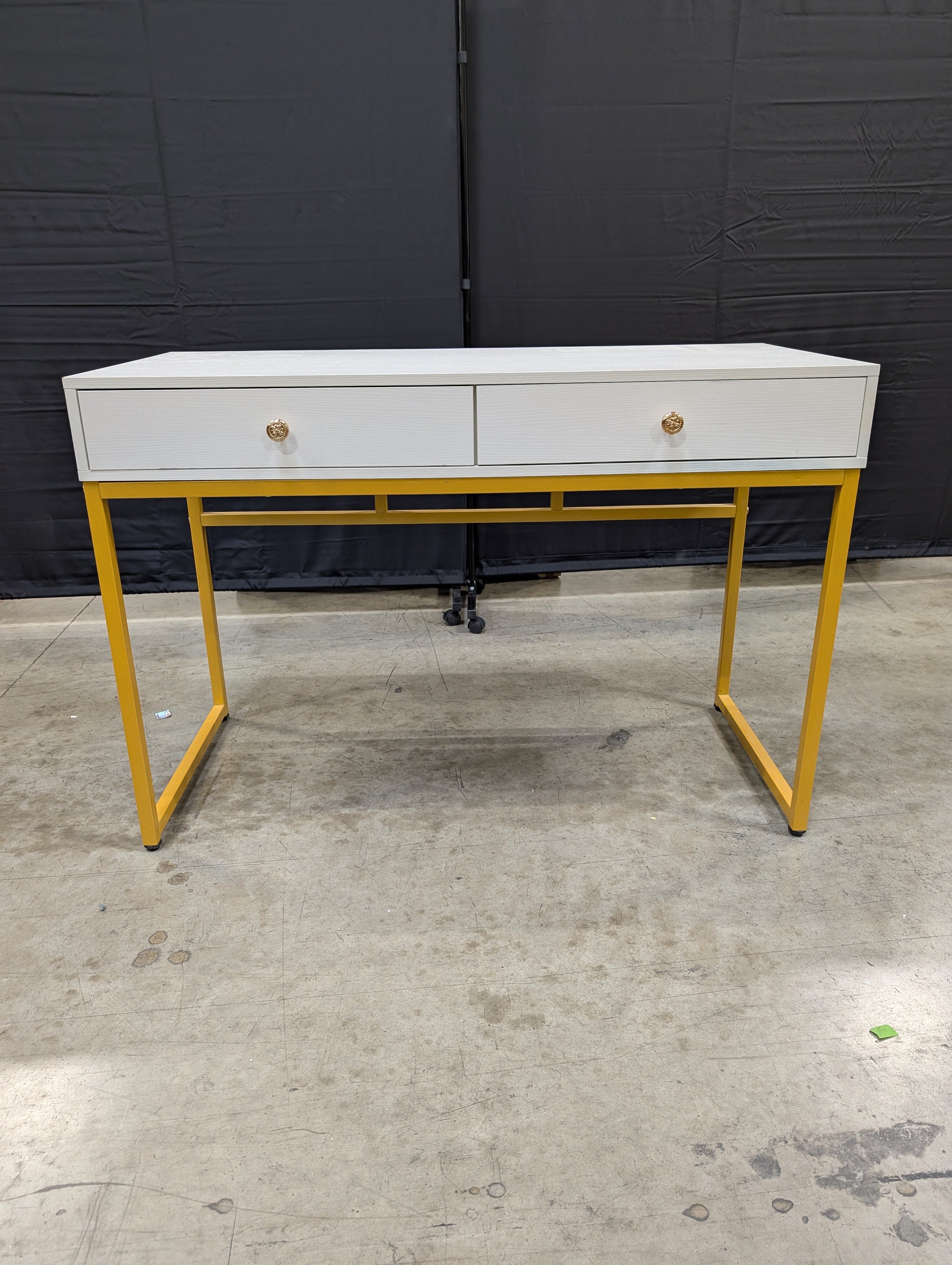 Modern Grey Wood Grain Desk with Gold Tone Metal Frame