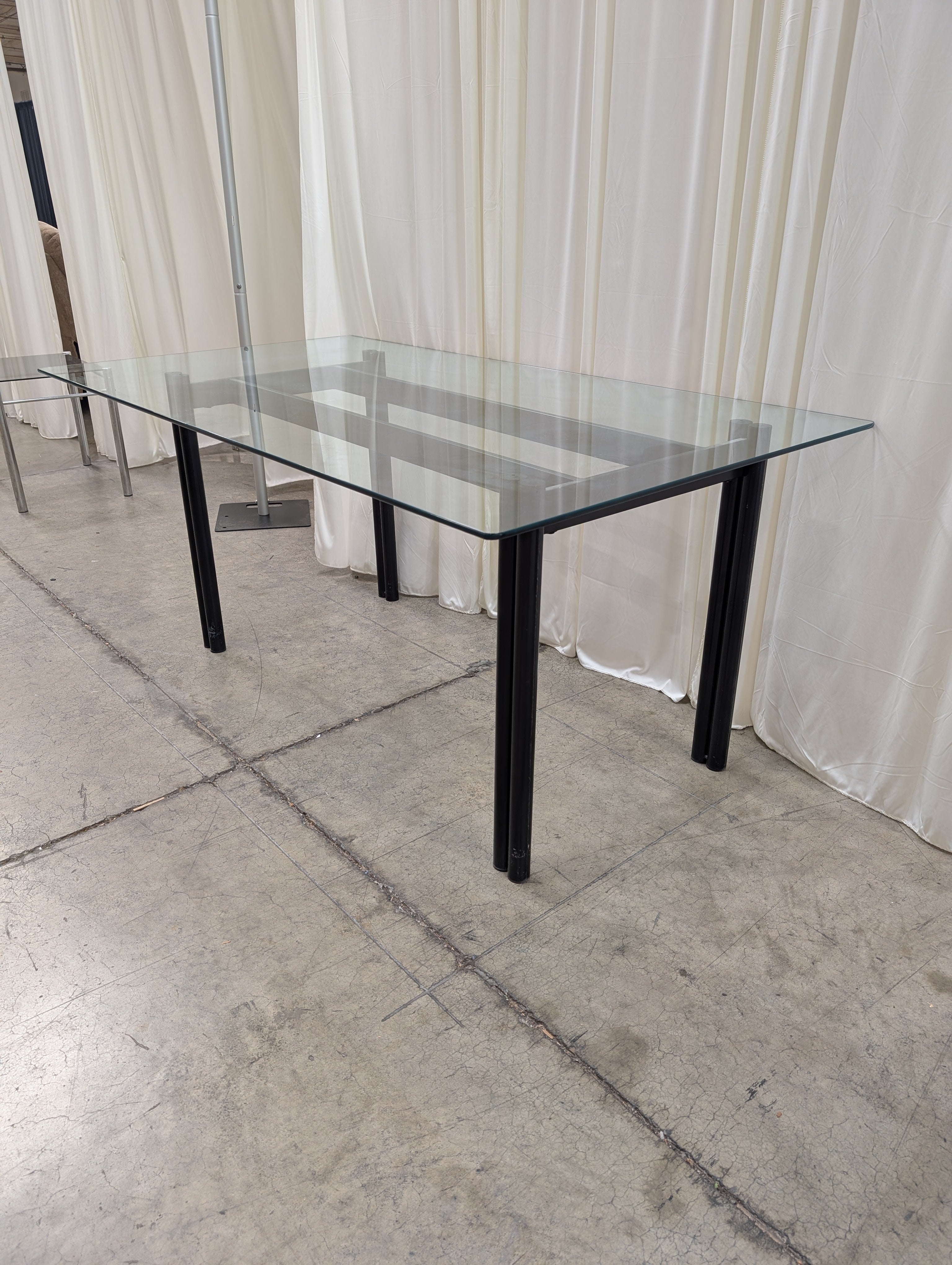 Modern Clear Glass Dining Table with Dark Metal Base