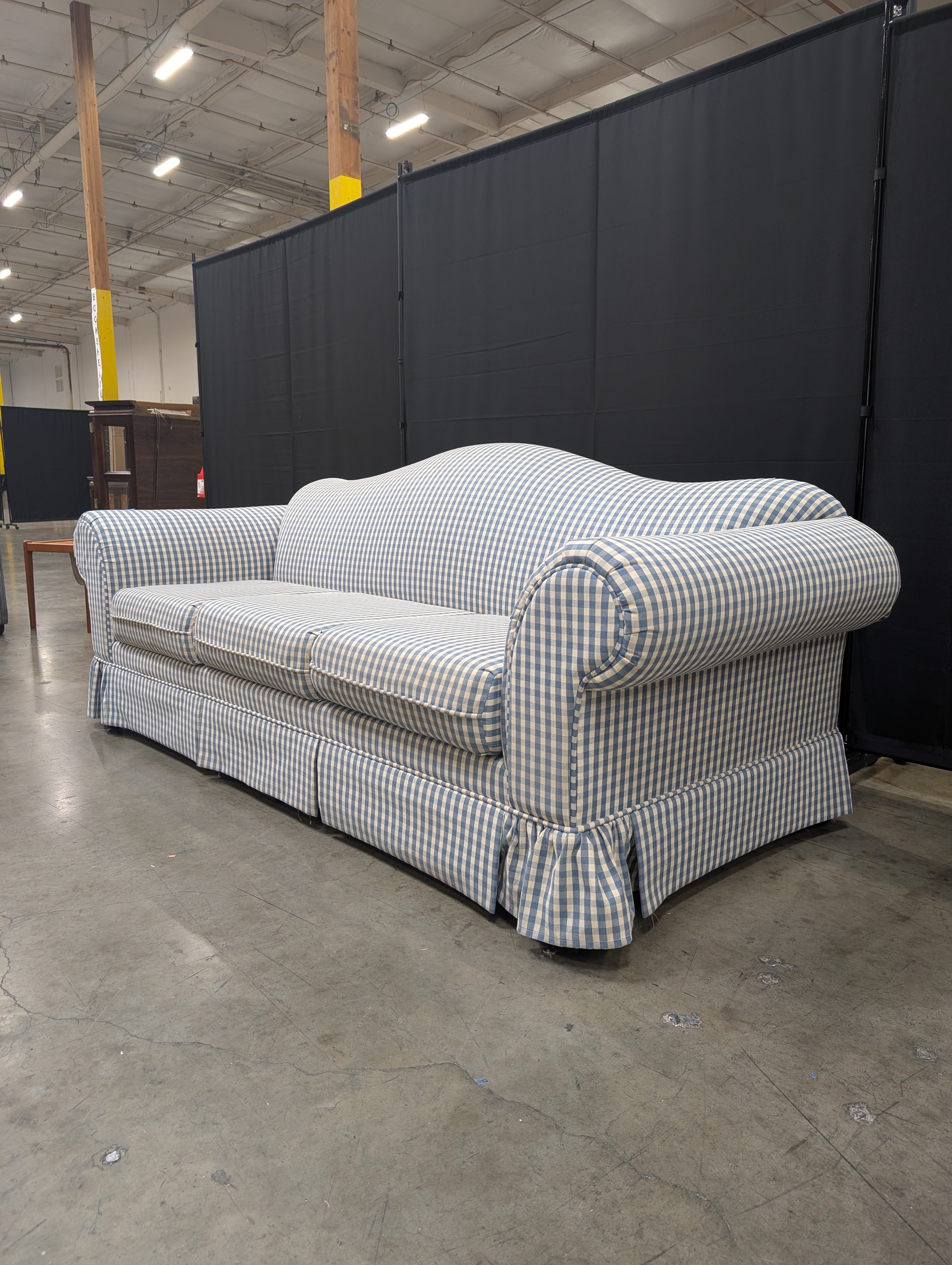 Blue Gingham Bassett Furniture Three-Seater Sofa with Rolled Arms Used