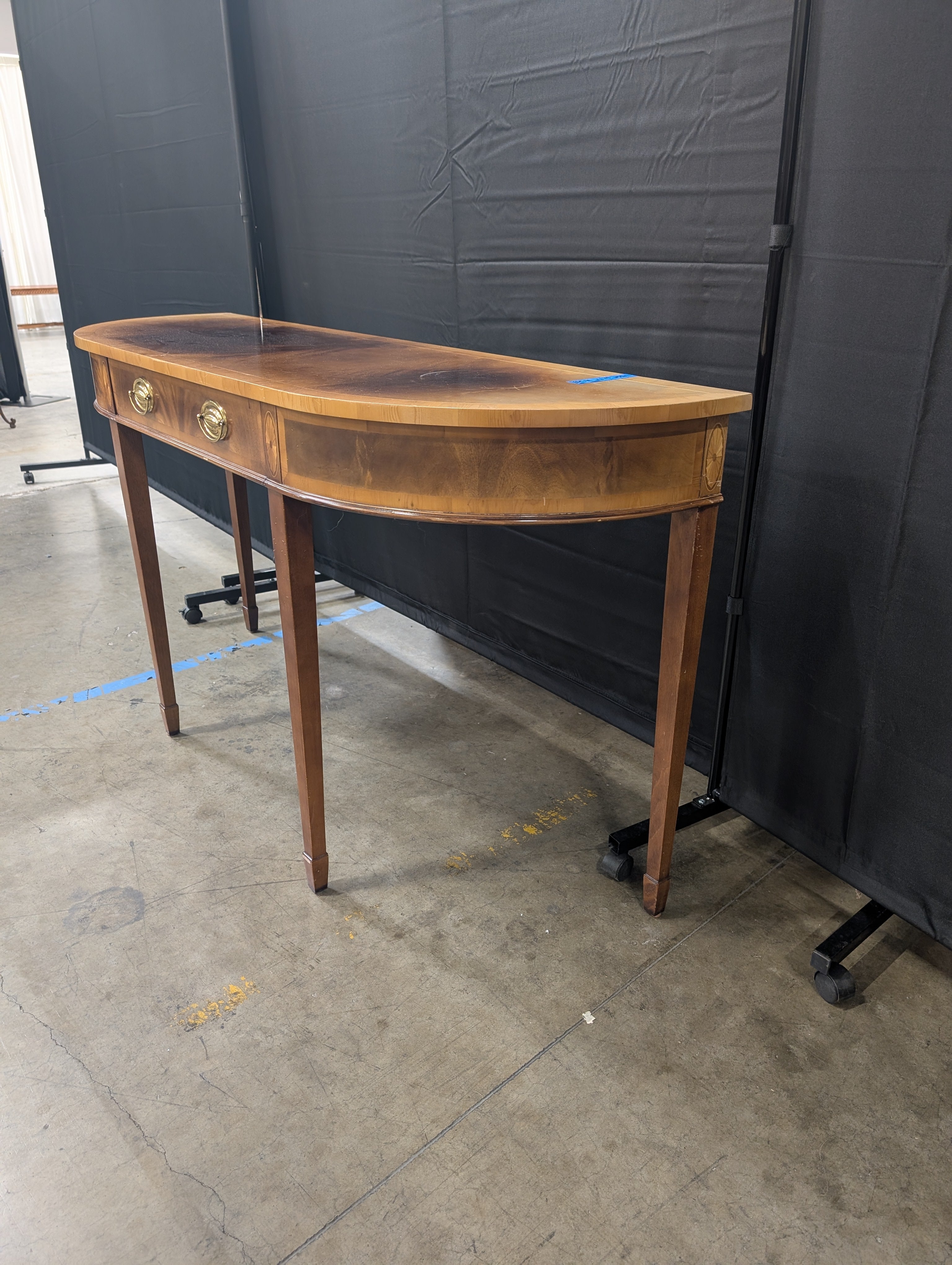 Traditional Half-Moon Wood Console Table with Brass Pulls