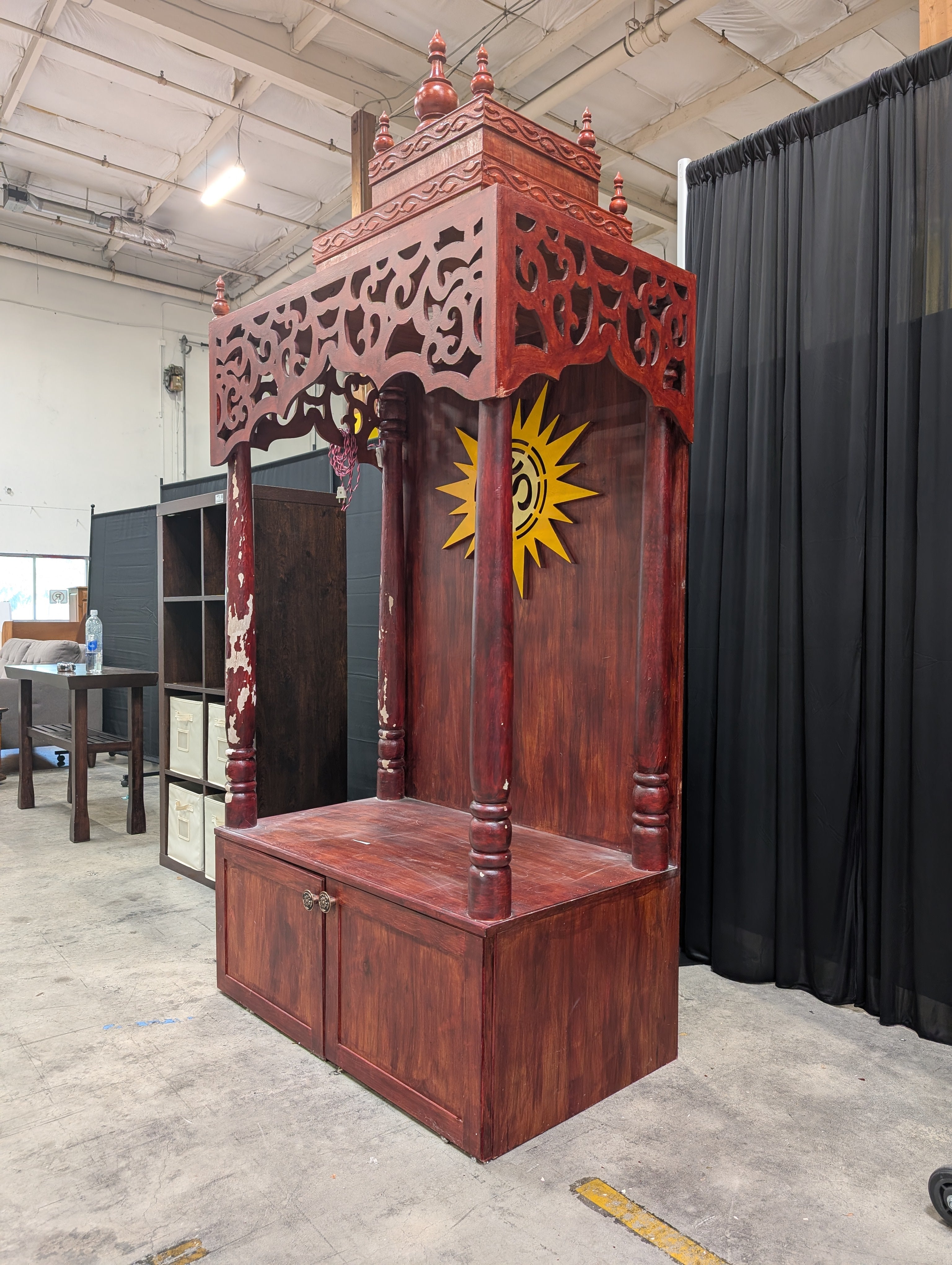 Carved Wooden Red Pooja Mandir with Cabinet
