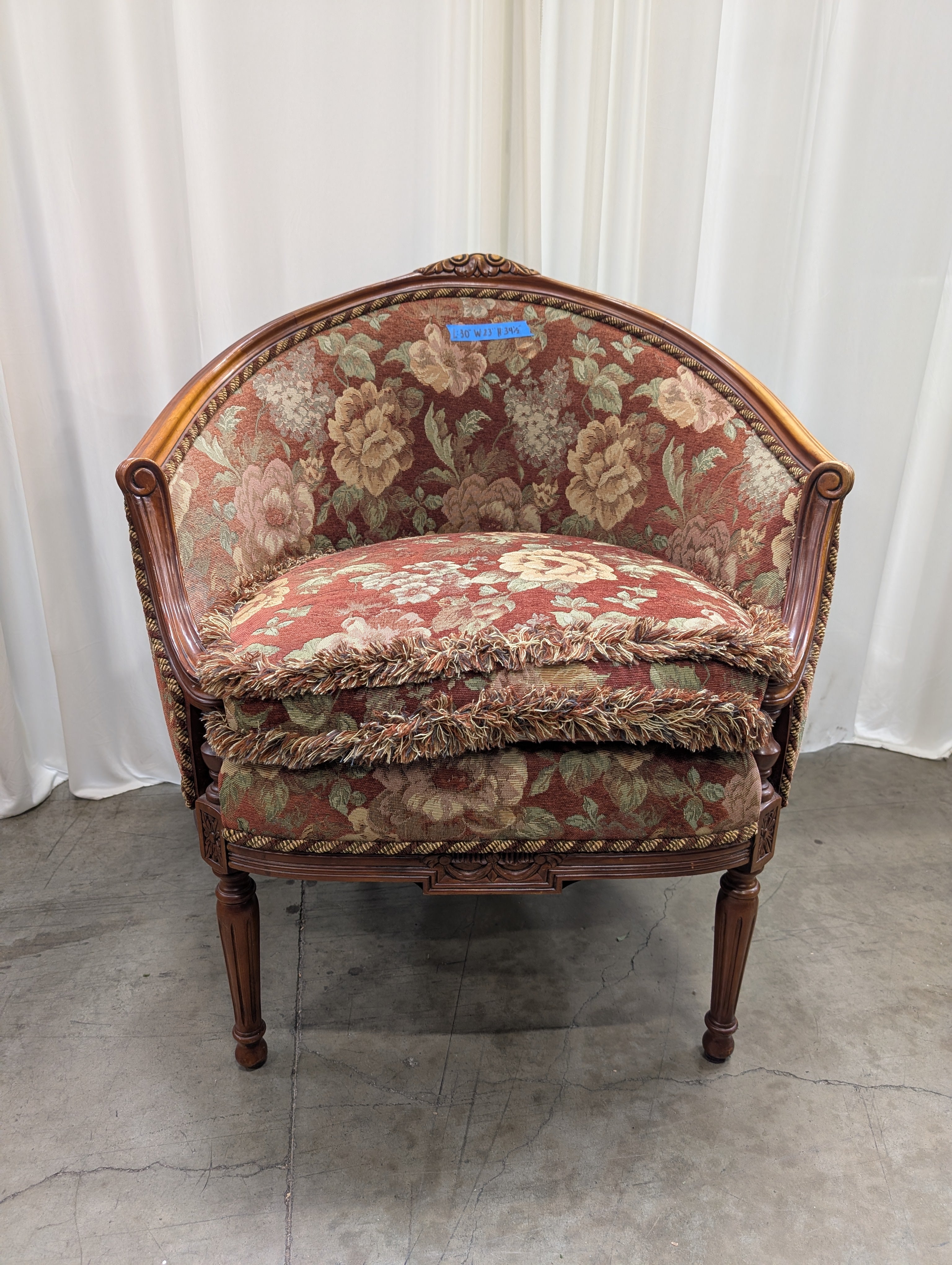 French Provincial Floral Tapestry Armchair with Fringe