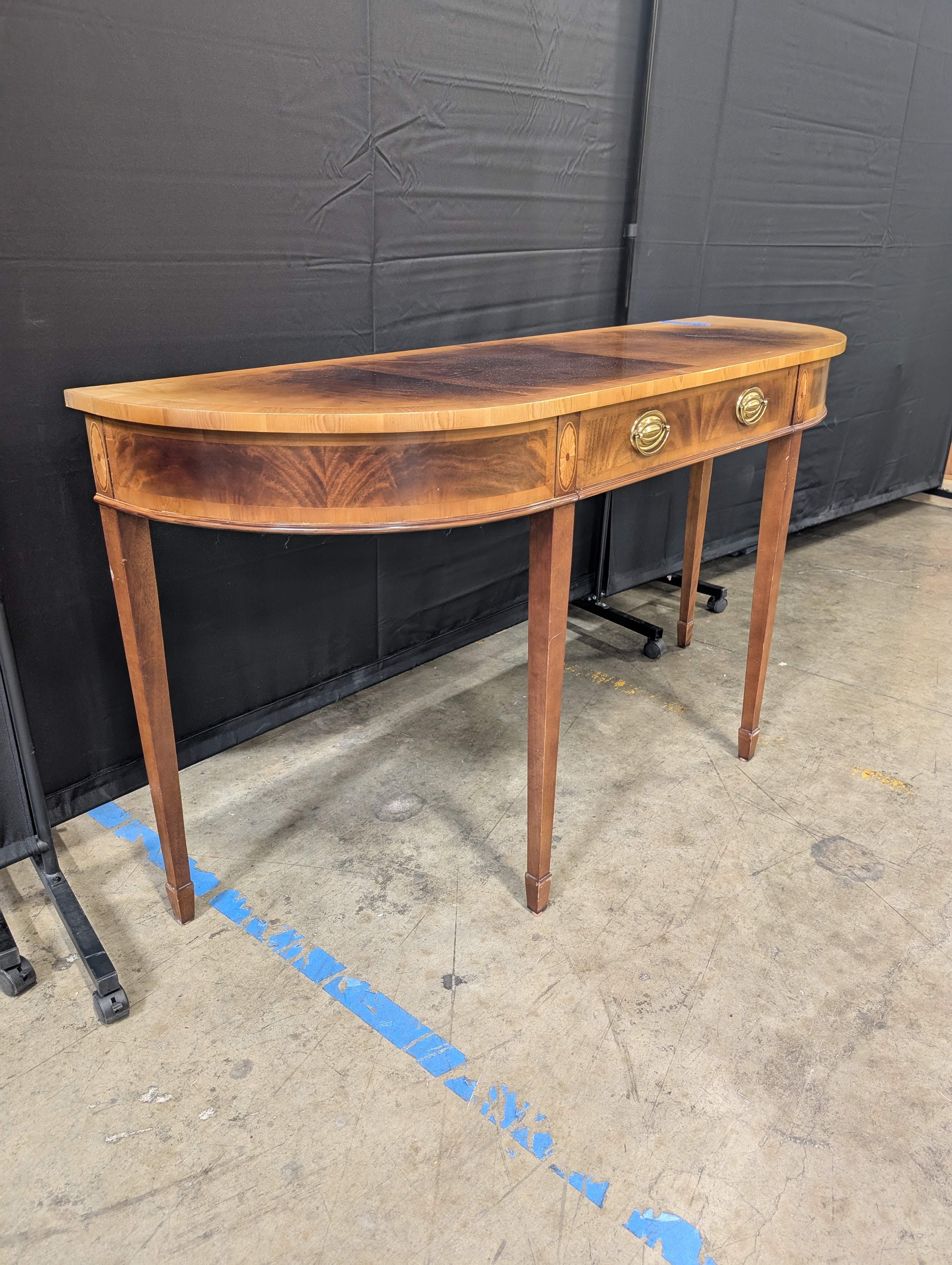 Traditional Half-Moon Wood Console Table with Brass Pulls
