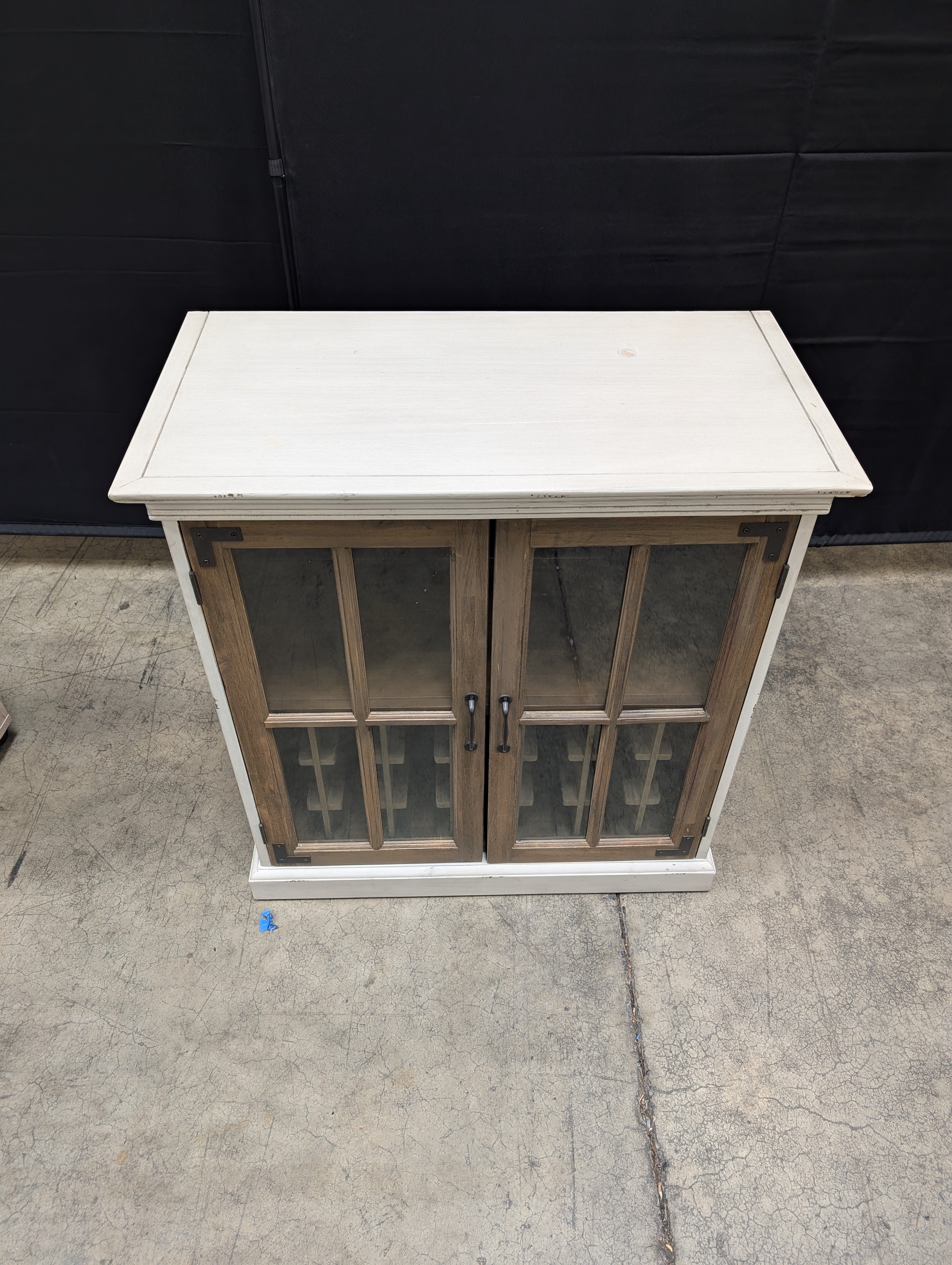 Two-Tone Distressed White Wine Cabinet with Glass Doors