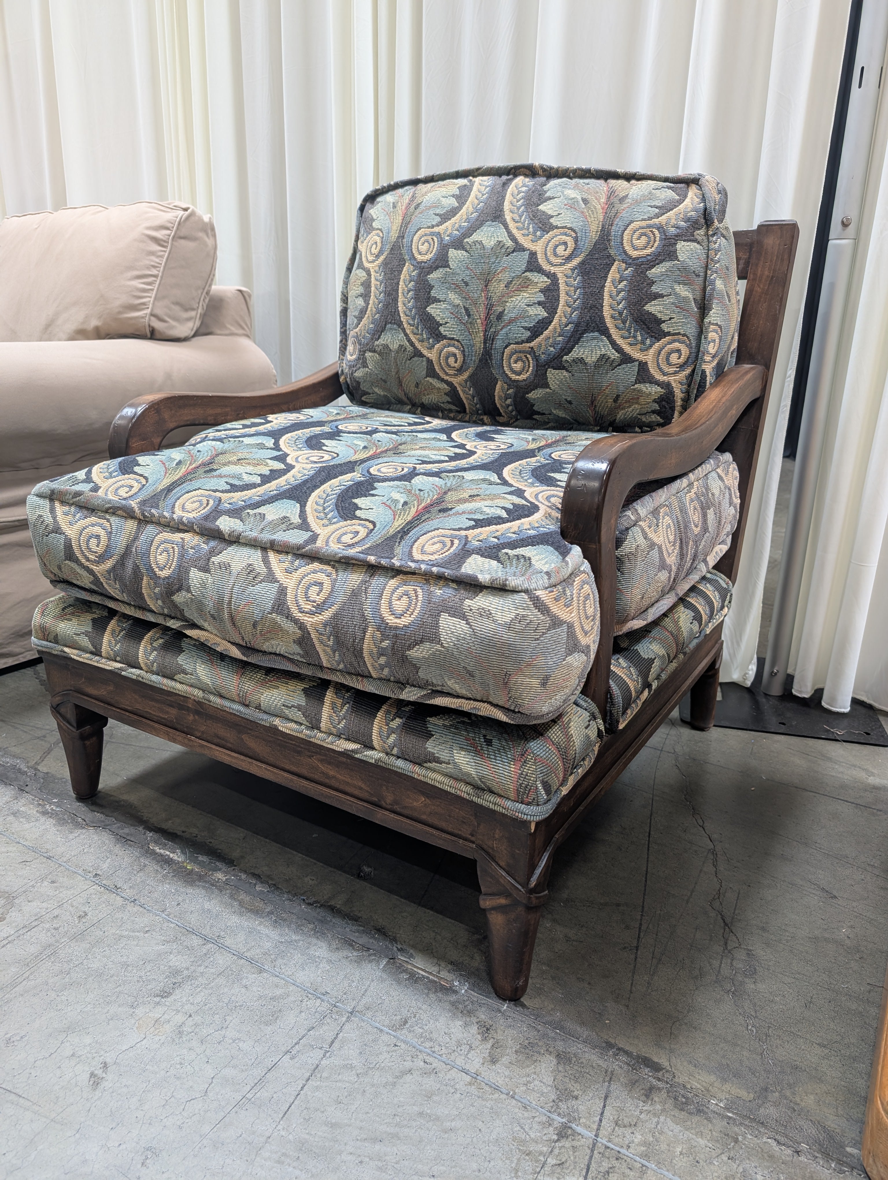 Carved Wood Accent Armchair with Tapestry Cushions