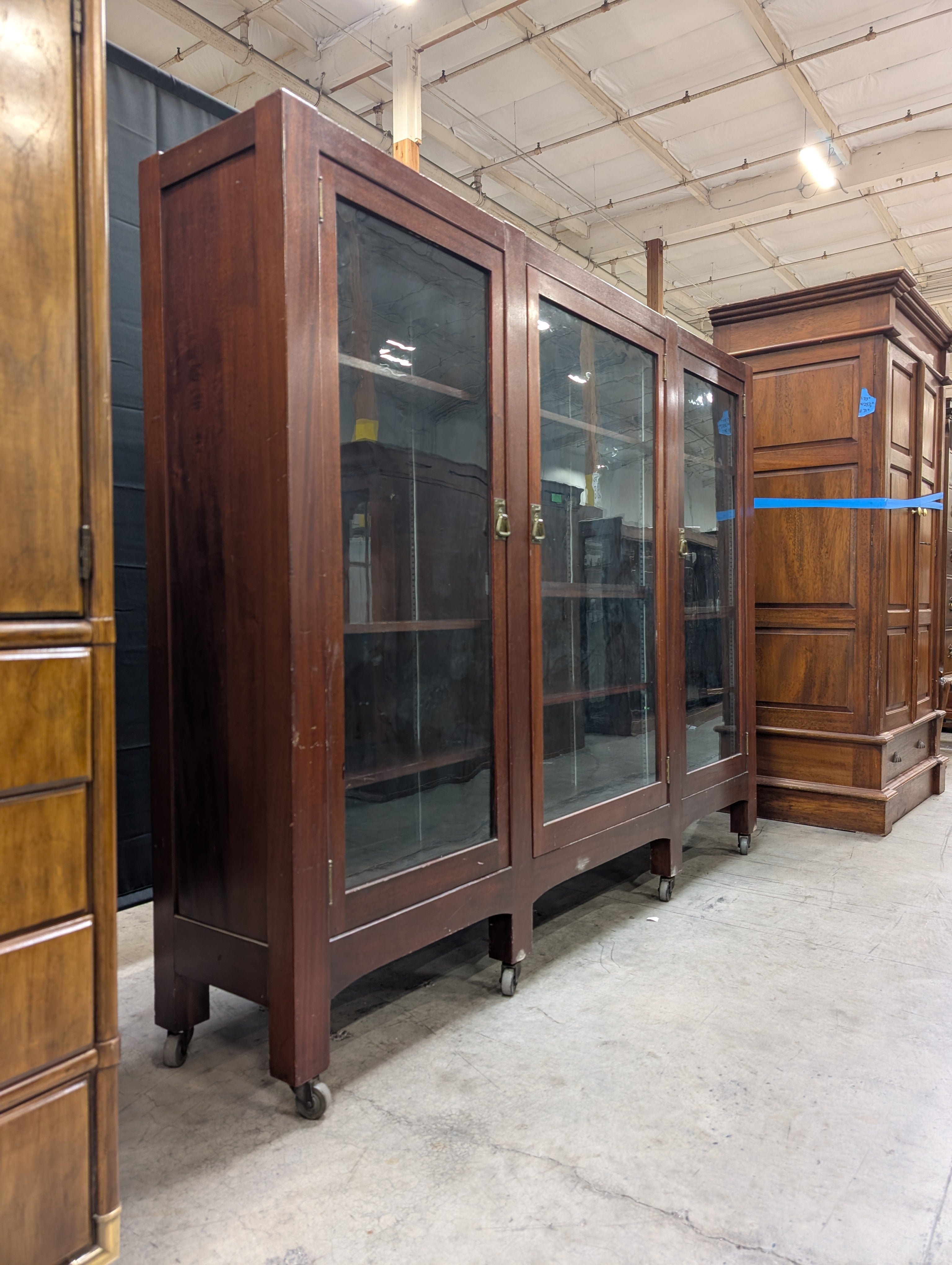 Traditional Dark Wood Triple Glass Door Display Cabinet