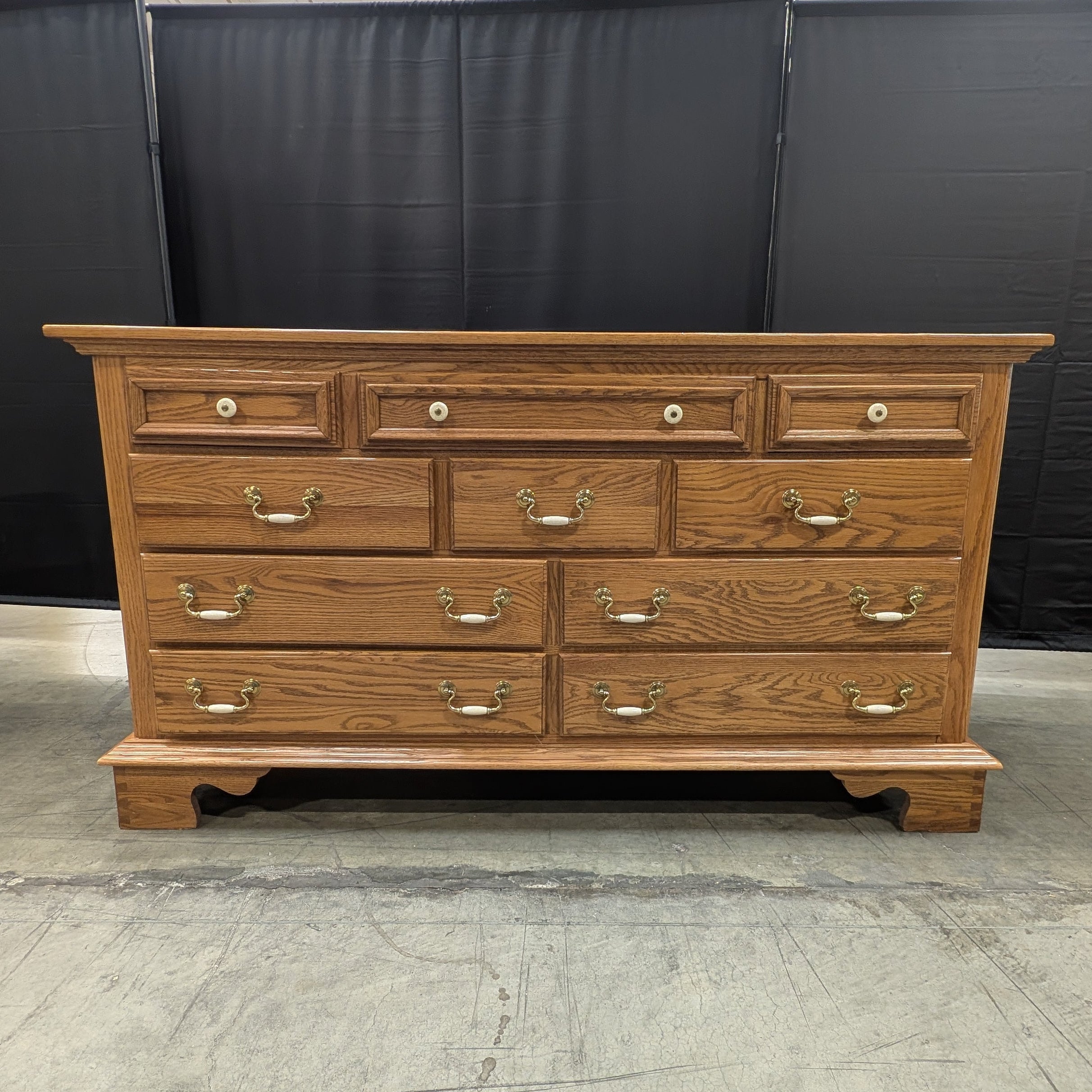 KELLER Furniture Oak Finish Chest of Drawers with Brass Hardware