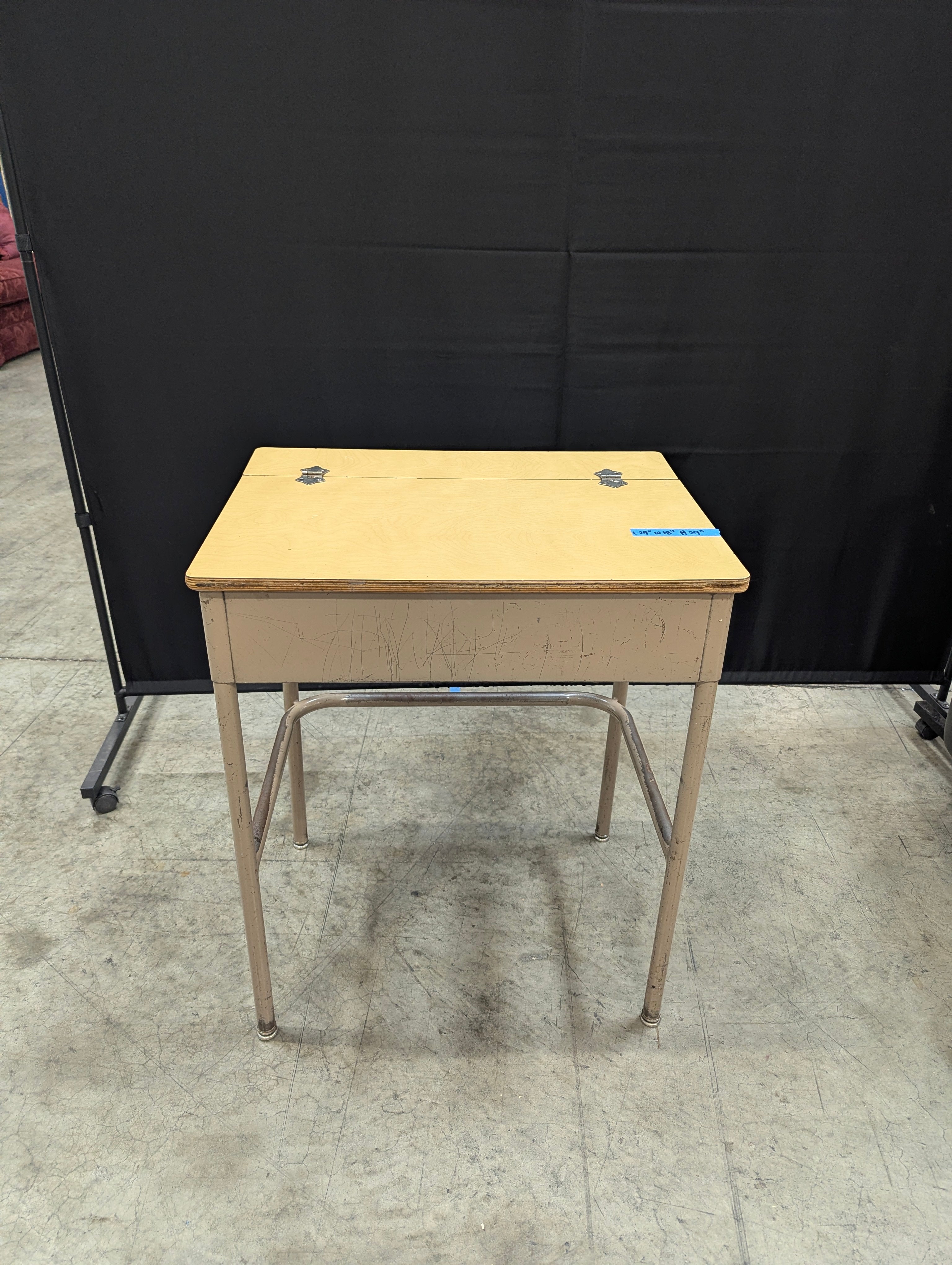 Vintage Light Wood Lift-Top School Desk with Metal Frame
