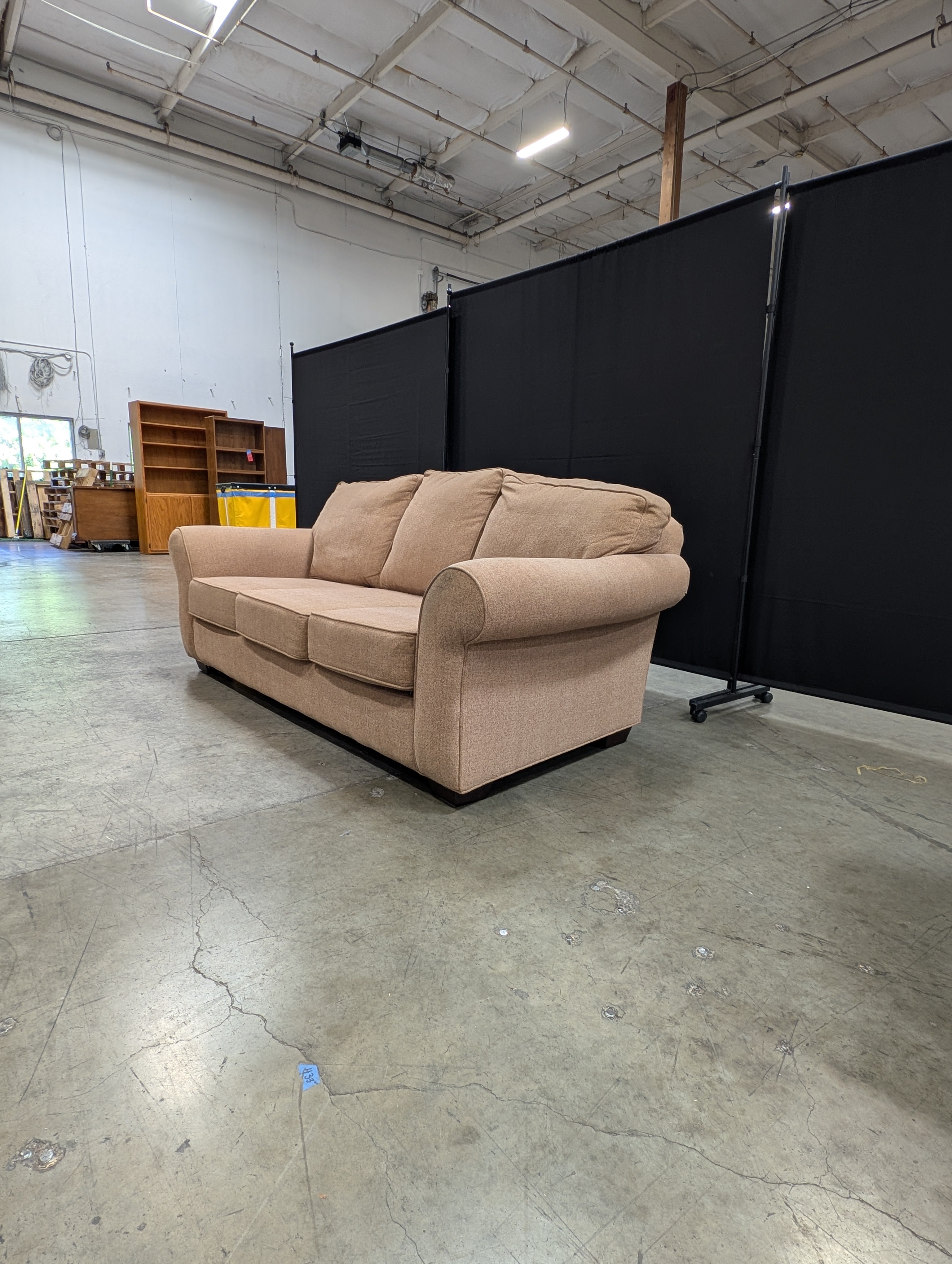 Neutral Beige Thomasville Three-Seat Sofa with Rolled Arms