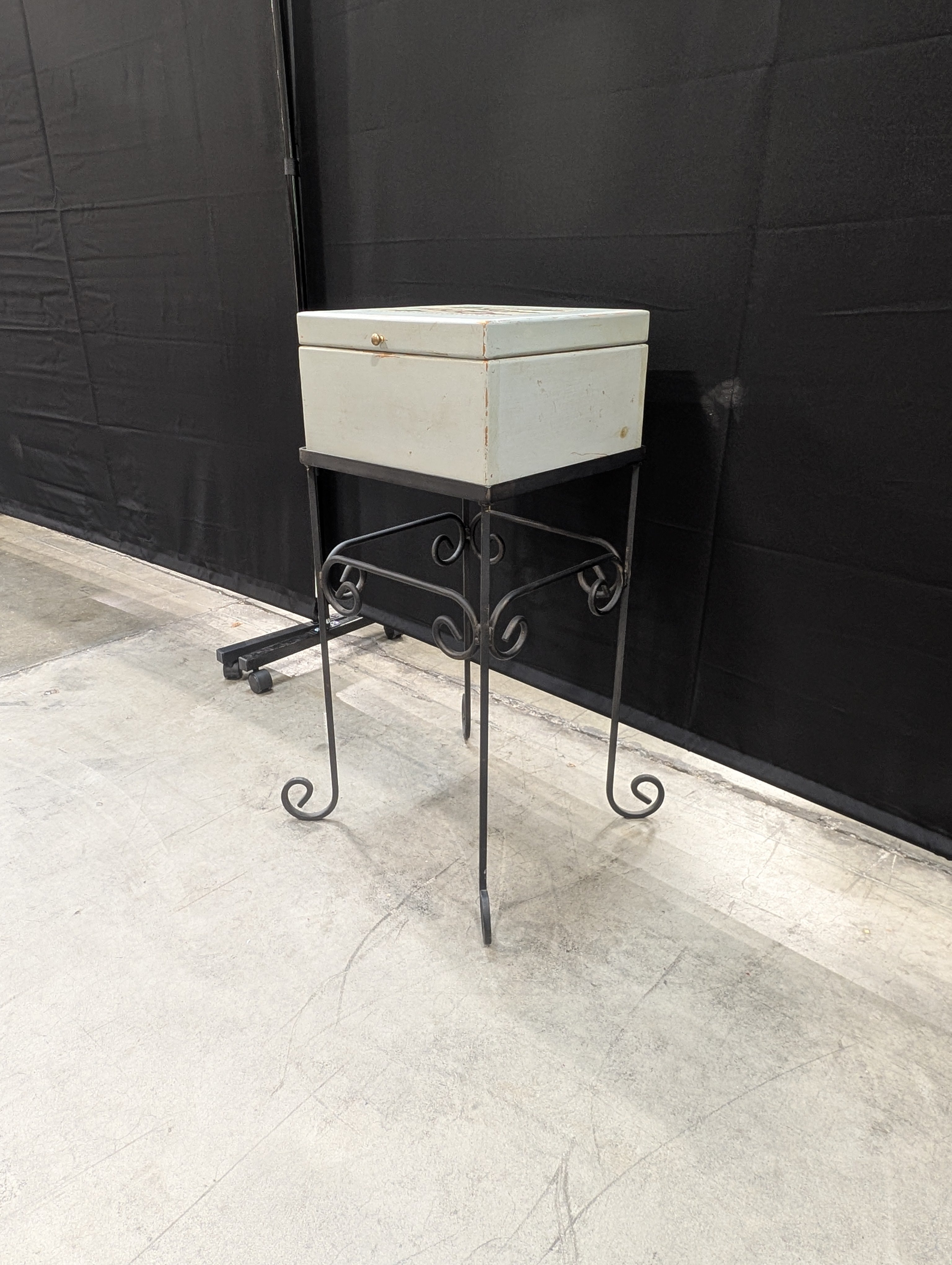 Decorative Wooden Box with Fish Motif on Wrought Iron Stand