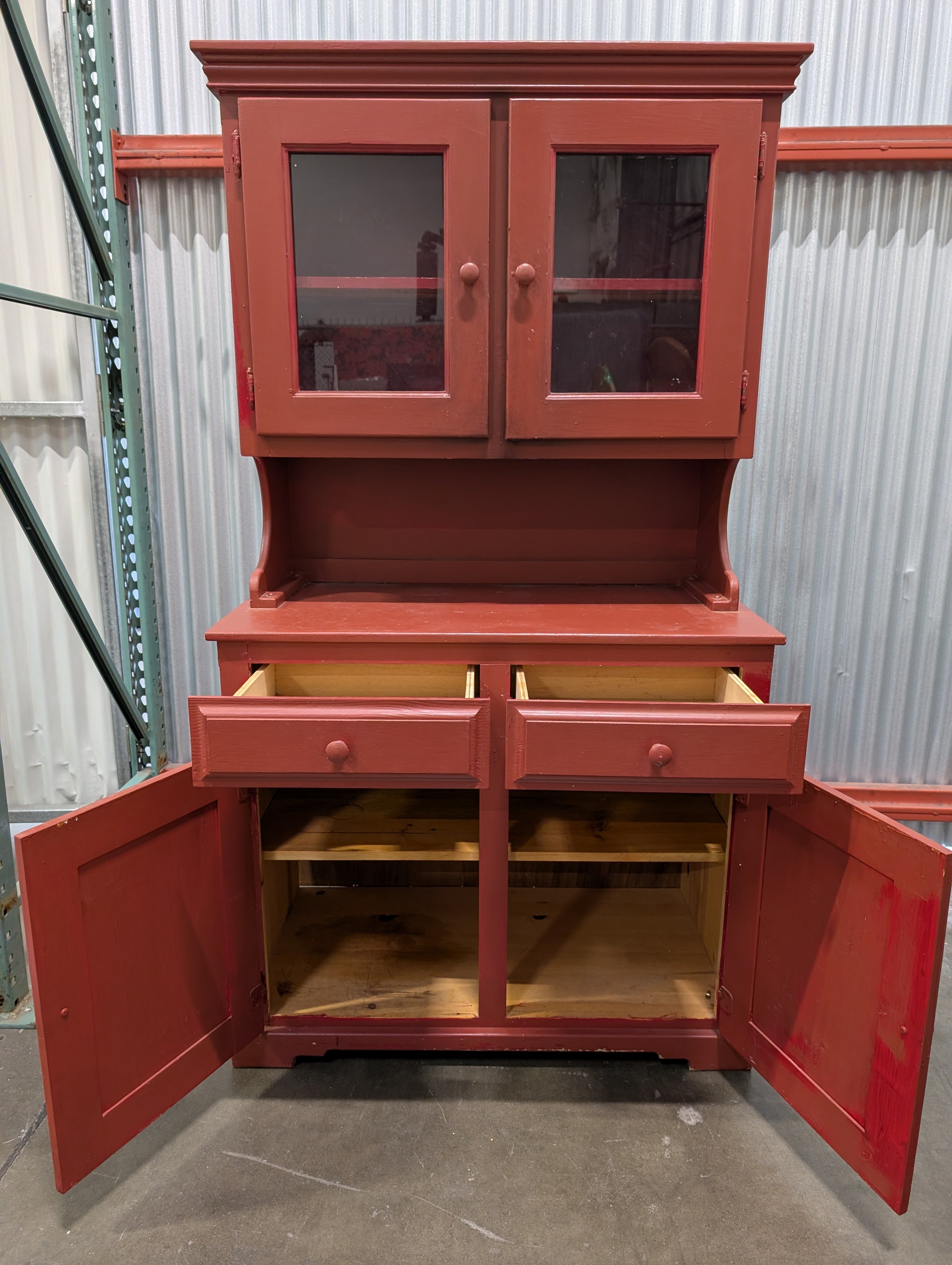 Traditional Red Wood Hutch Cabinet with Glass Doors