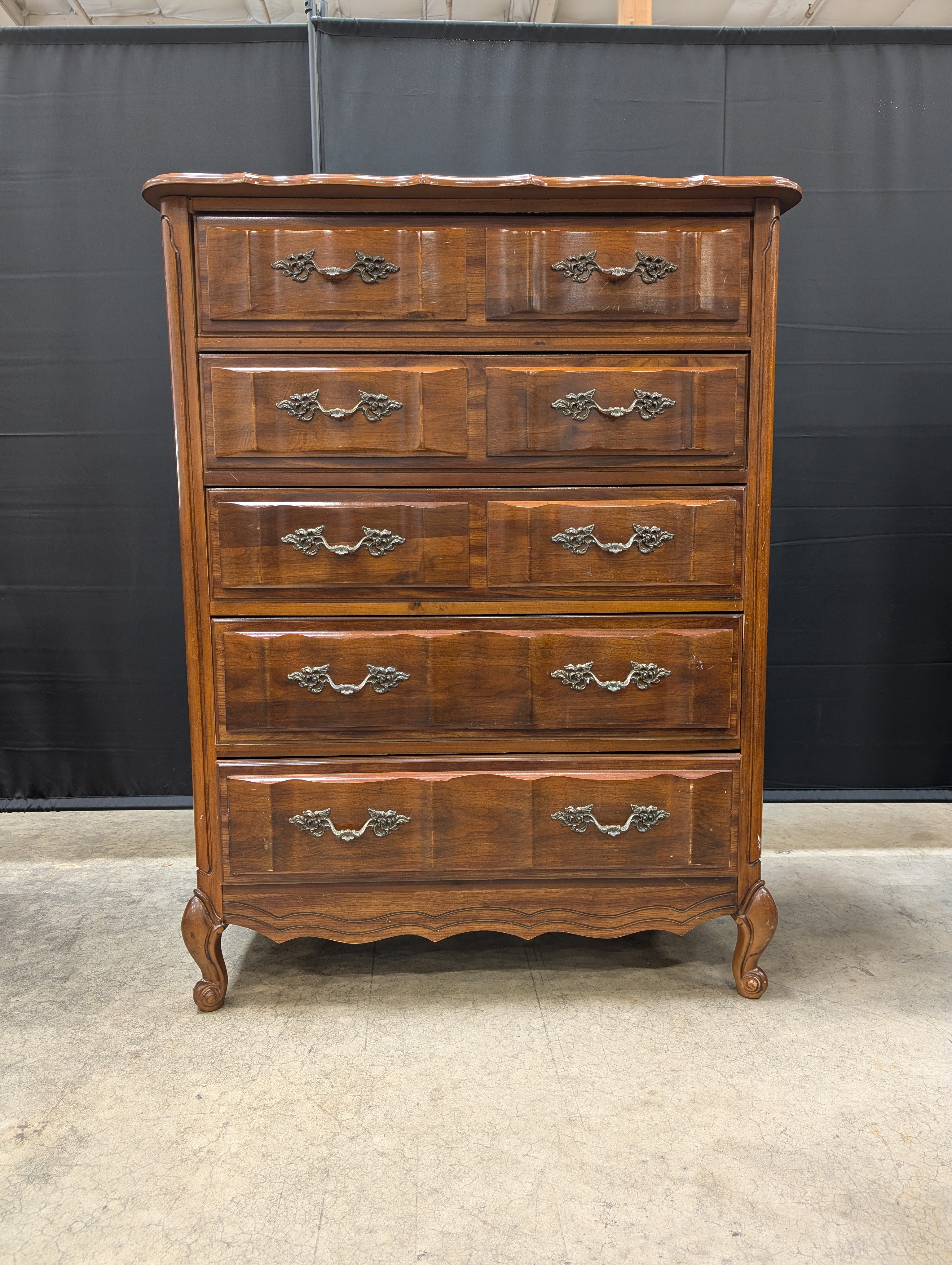 French Provincial Bassett Tall Chest of Drawers with Ornate Hardware