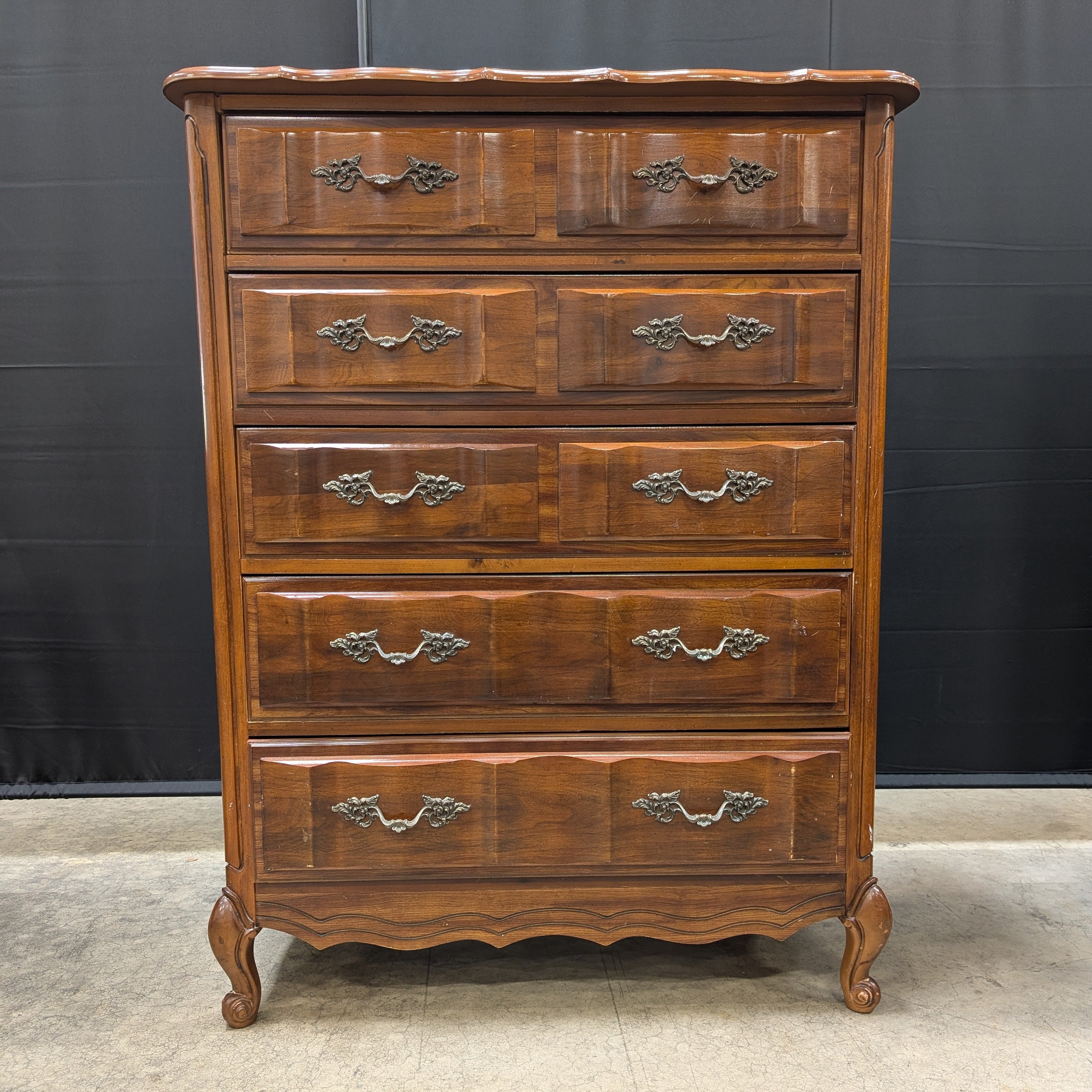 French Provincial Bassett Tall Chest of Drawers with Ornate Hardware