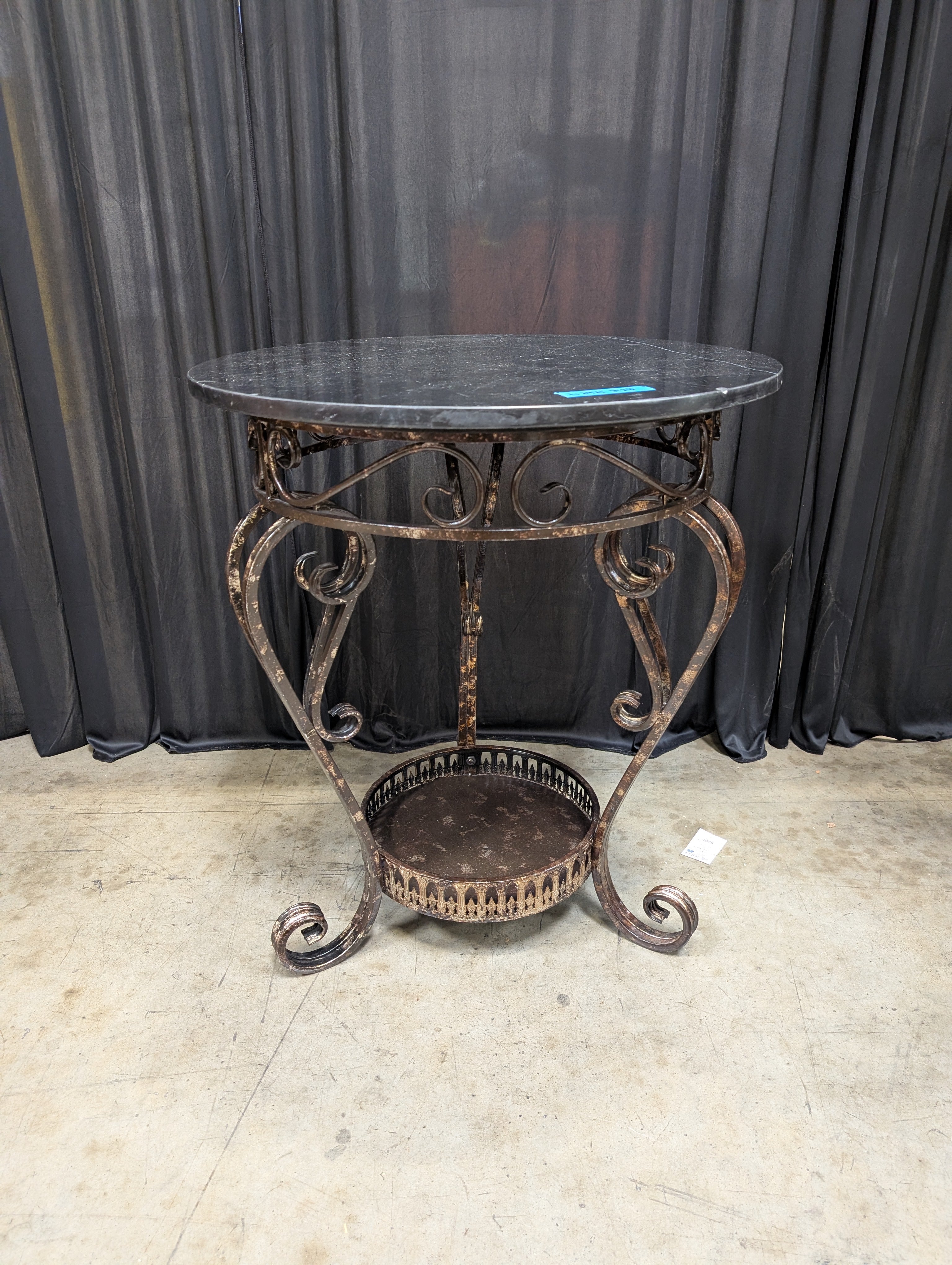 Round Black Marble End Table with Scrollwork Base