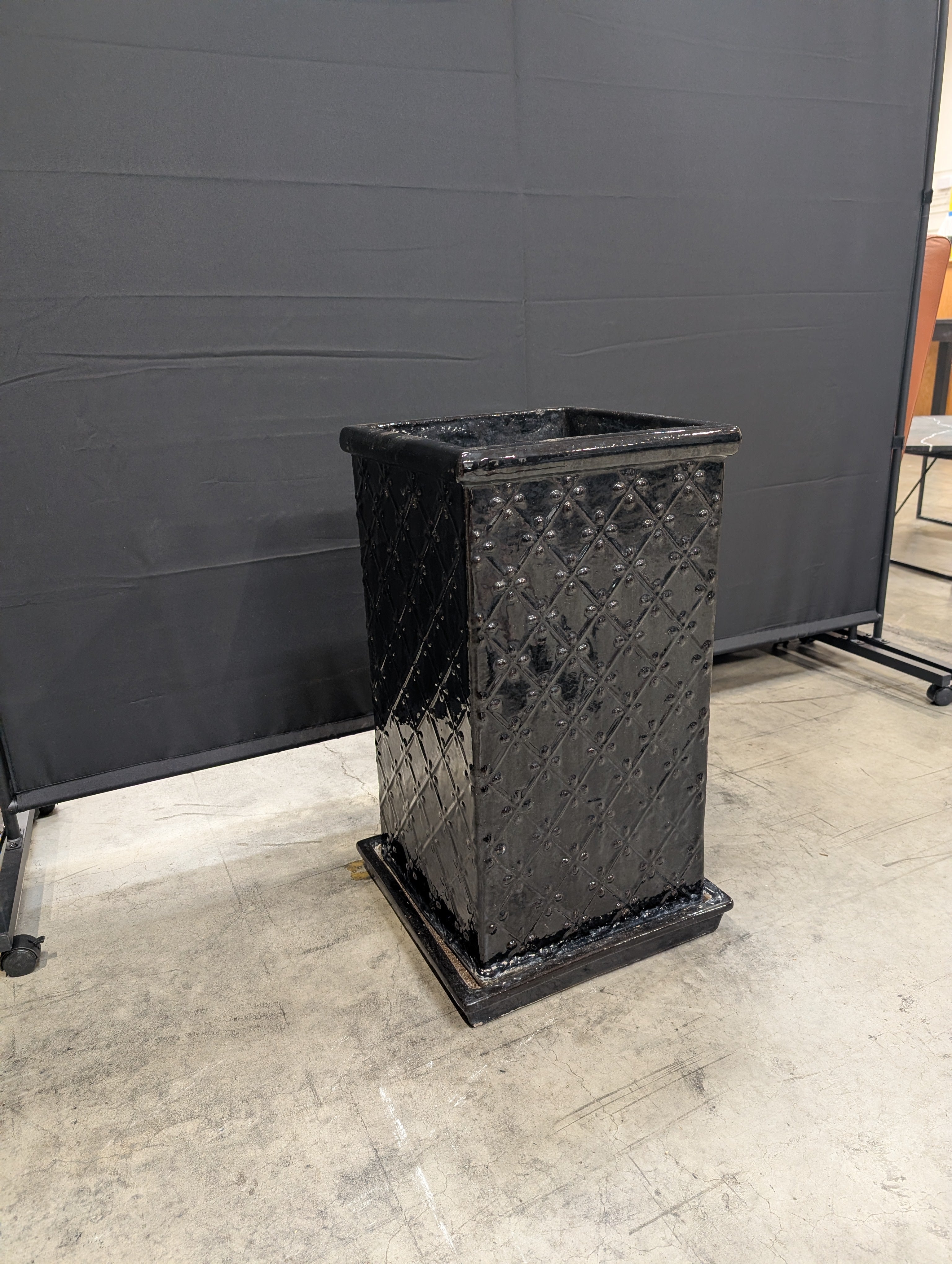 Tall Black Glazed Ceramic Planter with Diamond Pattern
