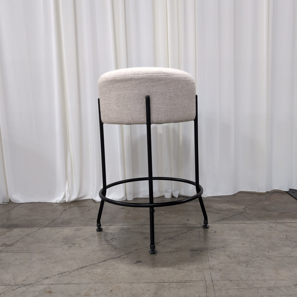 Round Upholstered Beige Stool with Metal Legs