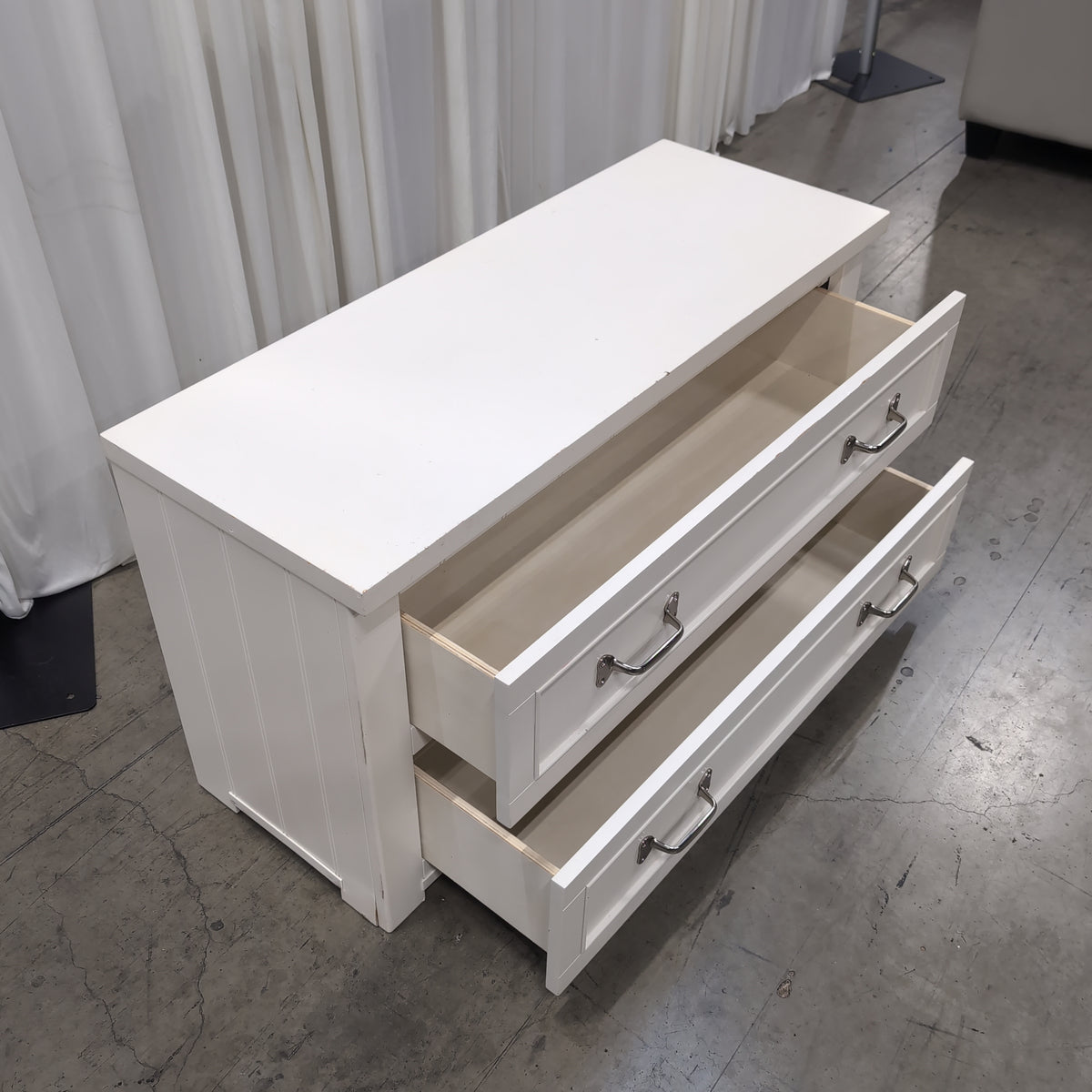 White Two-Drawer Nightstand with Metal Pulls