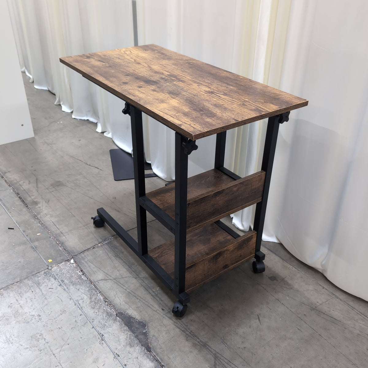 Two-Tier Dark Wood and Metal End Table with Wheels