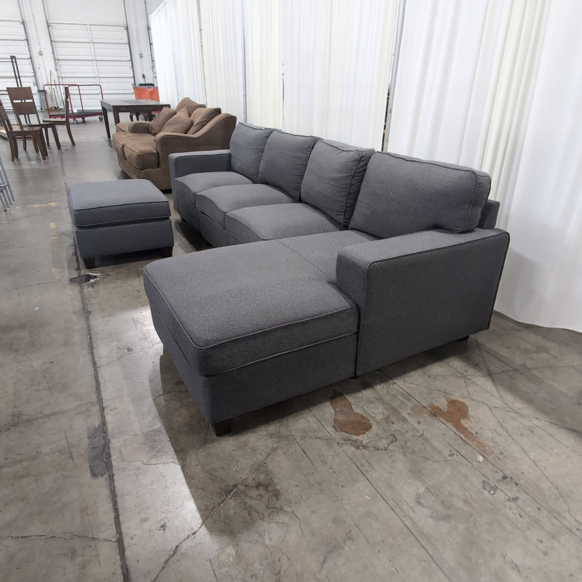 Dark Grey Fabric L-Shaped Sectional Couch with Ottoman