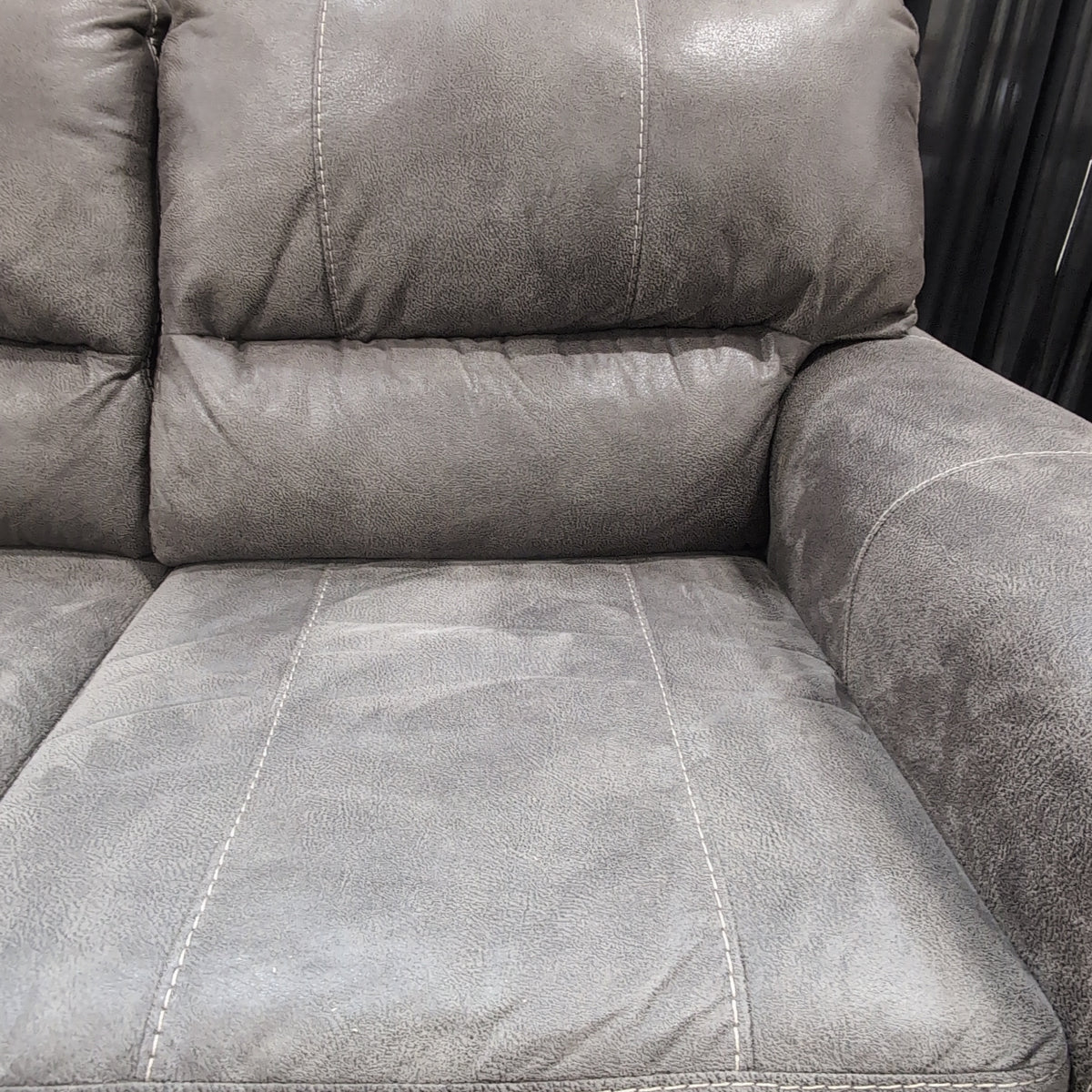 Dark Grey Distressed Faux Leather Loveseat with Contrast Stitching