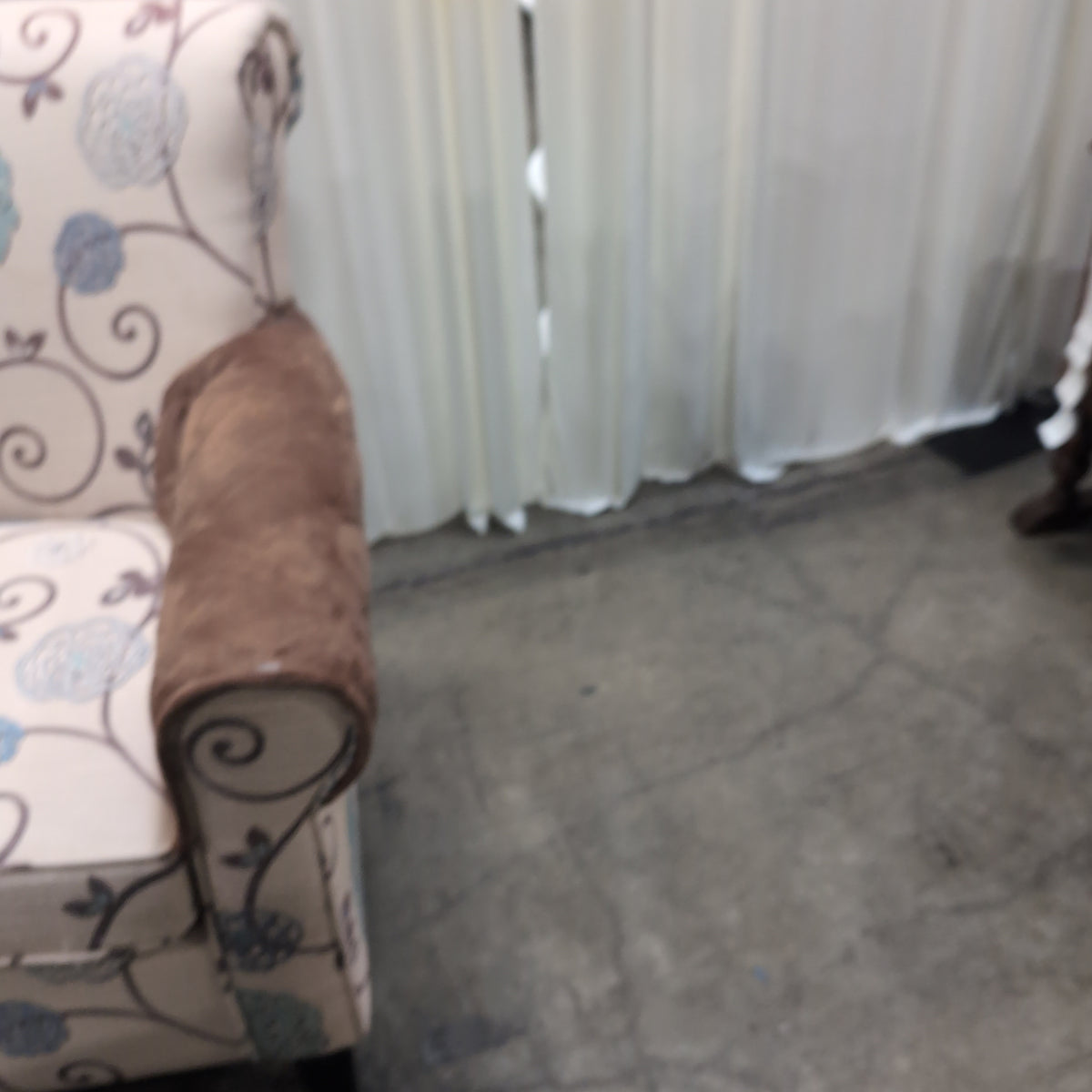 Cream and Blue Floral Pattern Armchair with Arm Covers