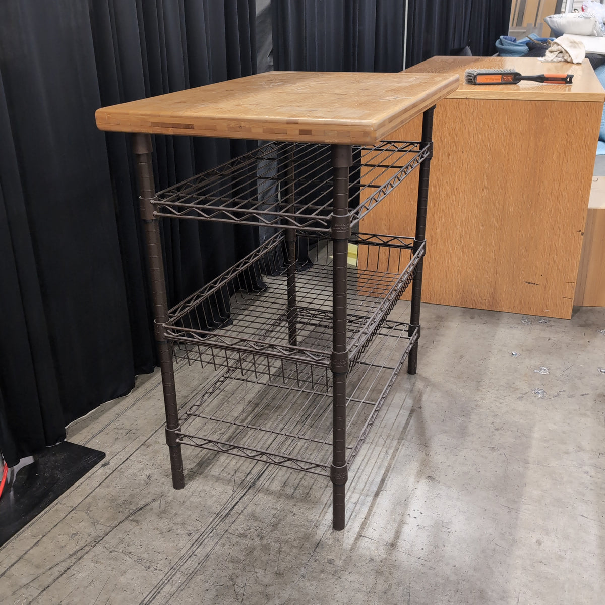 Light Wood Top Dark Metal Kitchen Cart with Wire Shelves