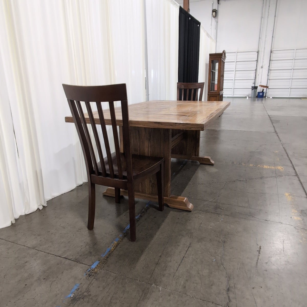 Wood Plank Top Dining Table with Trestle Base