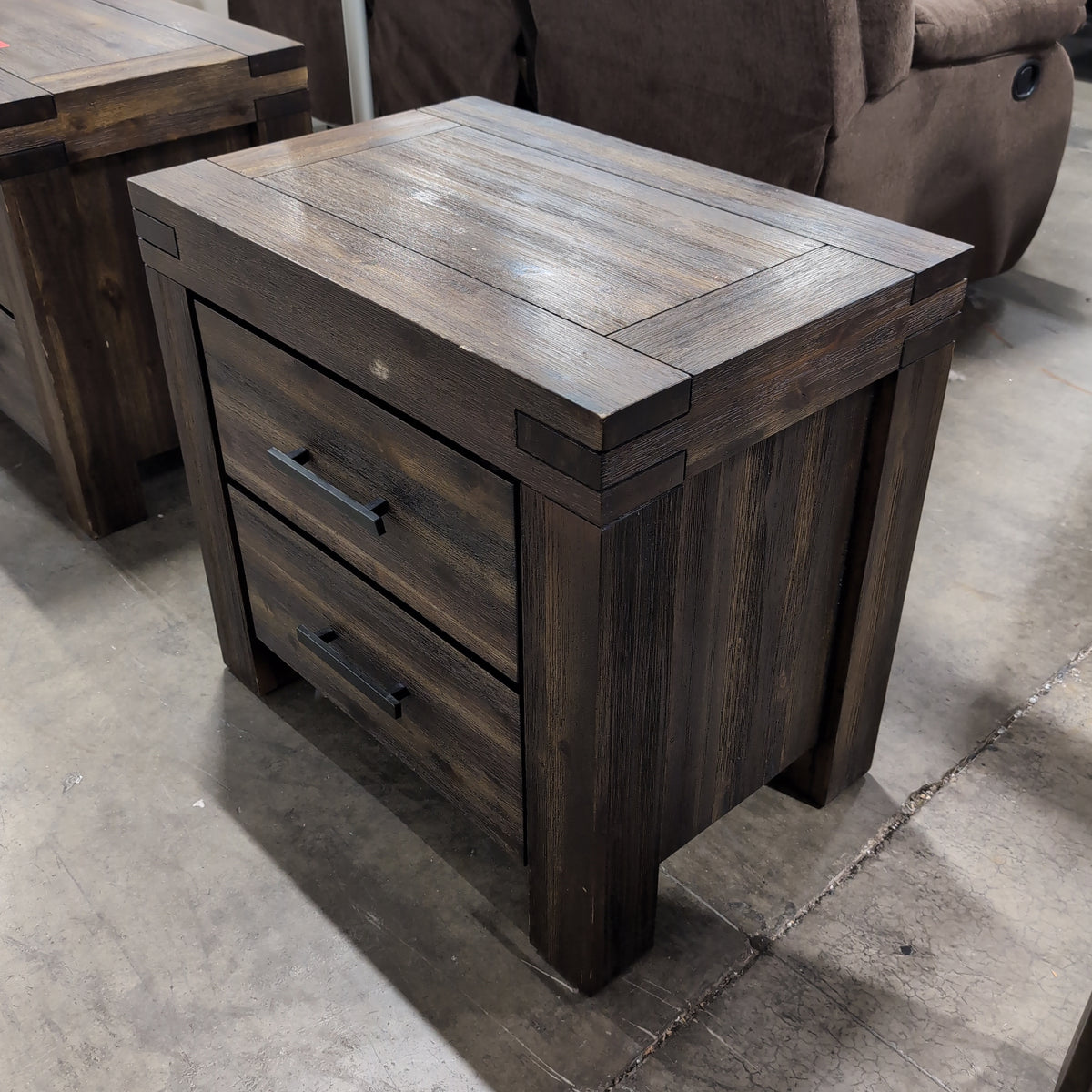 Rustic Dark Brown Wood Nightstand with Two Drawers