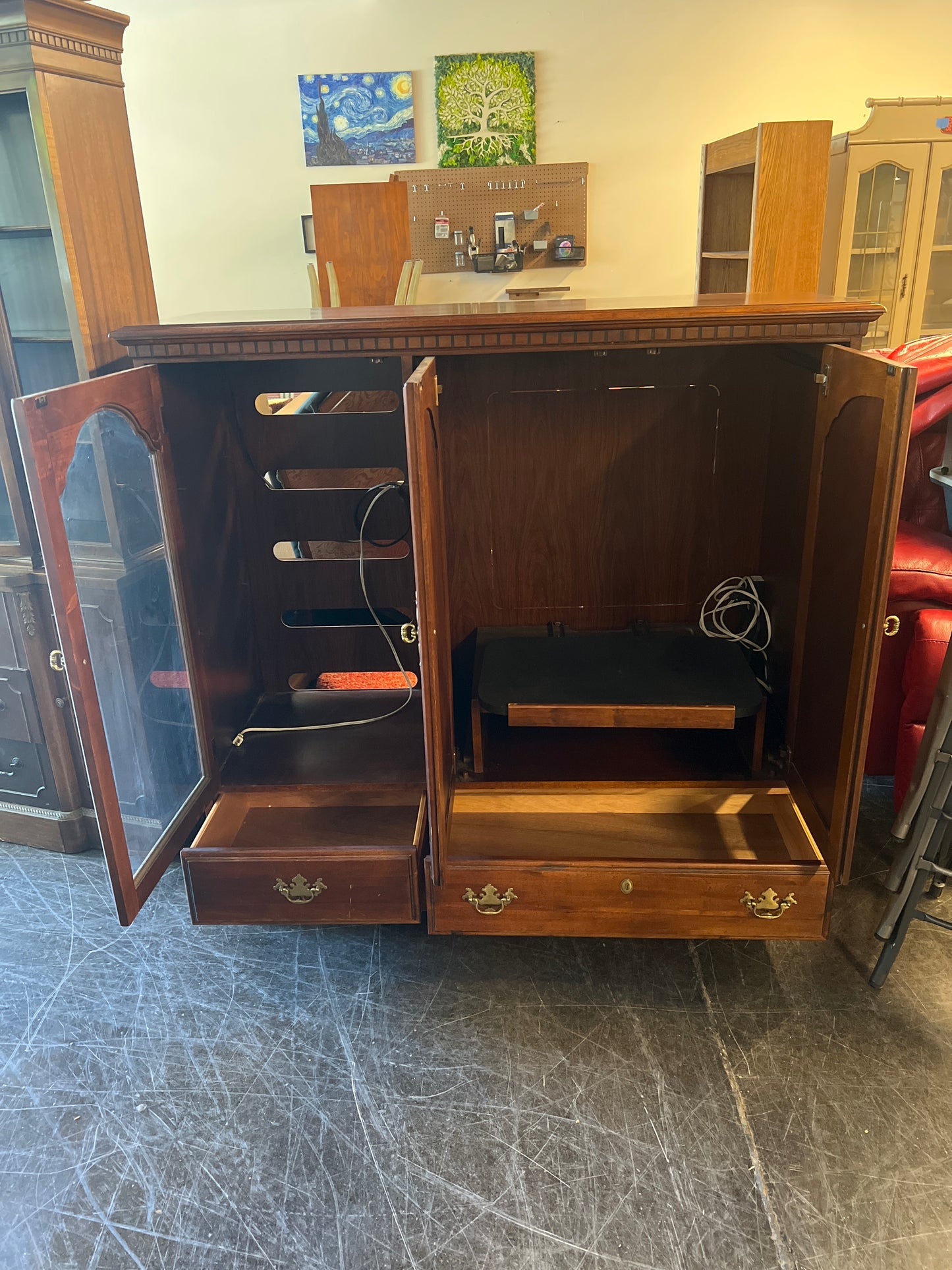 Traditional Cherry Wood Entertainment Armoire with Glass Panel Door